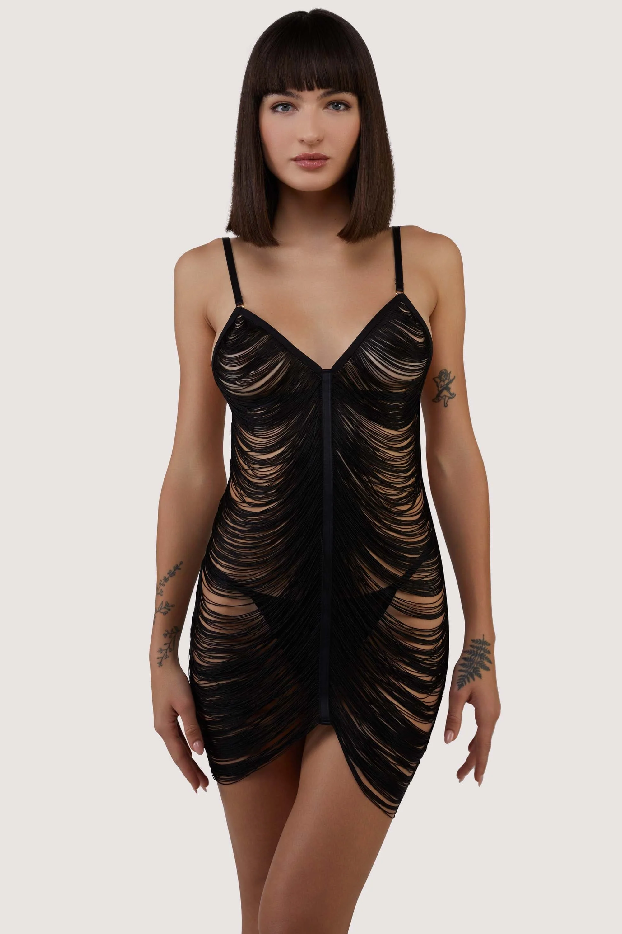 Kiera Black Fringe Bodysuit Dress with Thong - Image 4