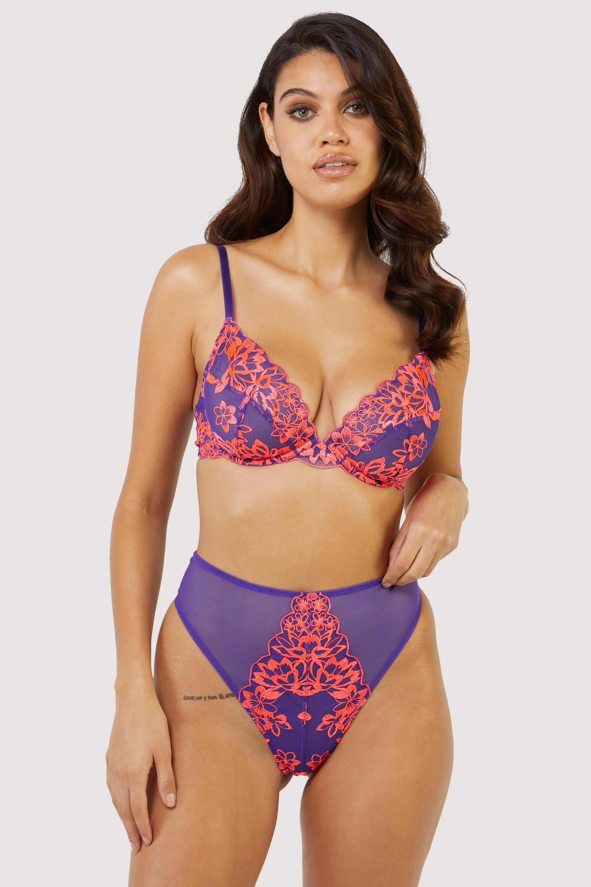 Ada Purple and Neon Pink Blossom Plunge Bra - Image 2