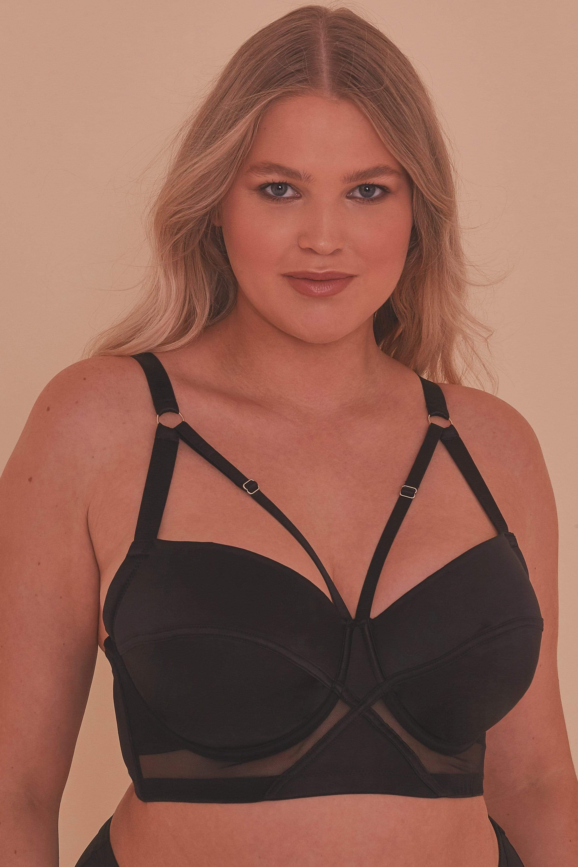 Aurora Black Mesh & Satin Crossover Longline Bra - Image 5