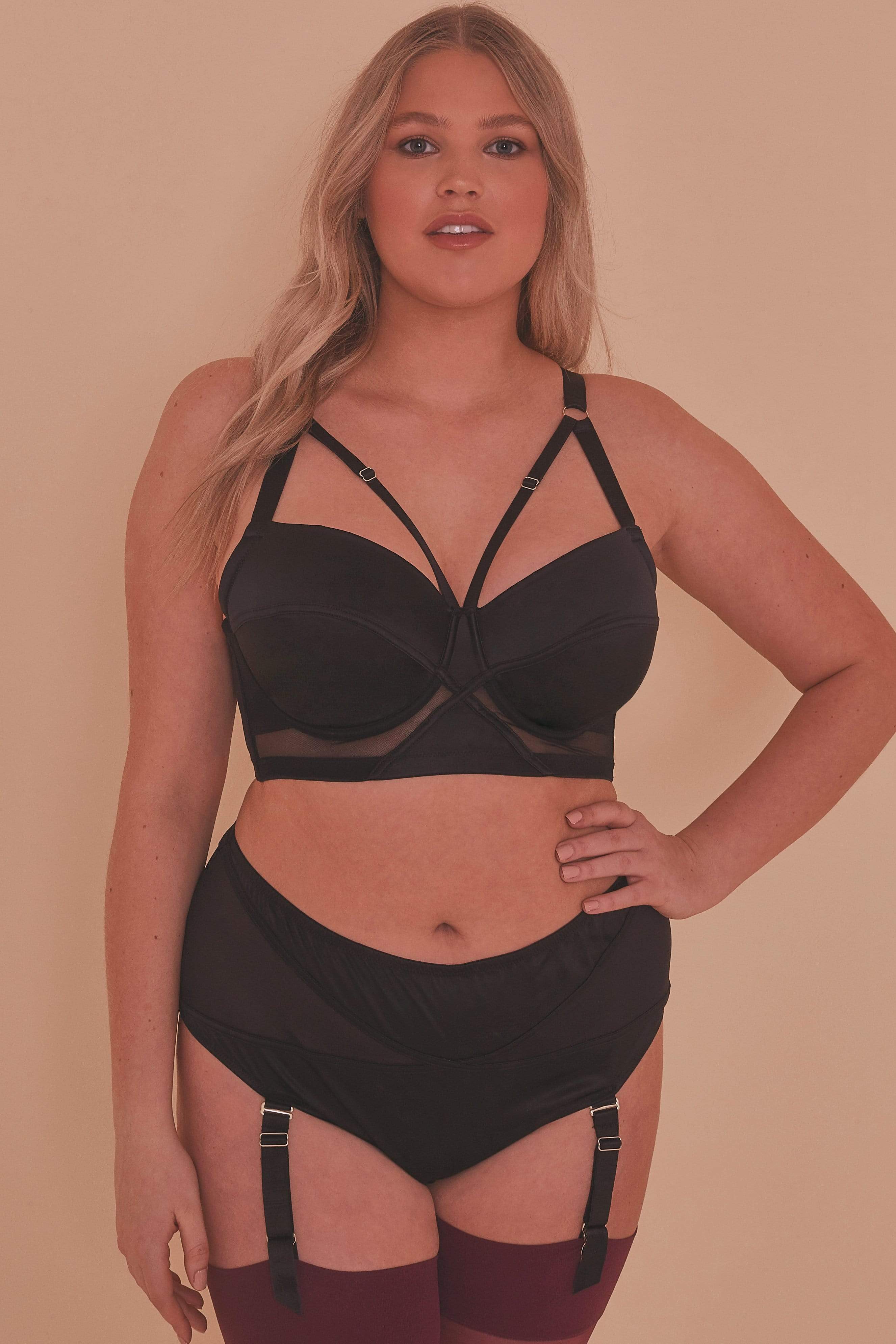 Aurora Black Mesh & Satin Crossover Longline Bra - Image 7