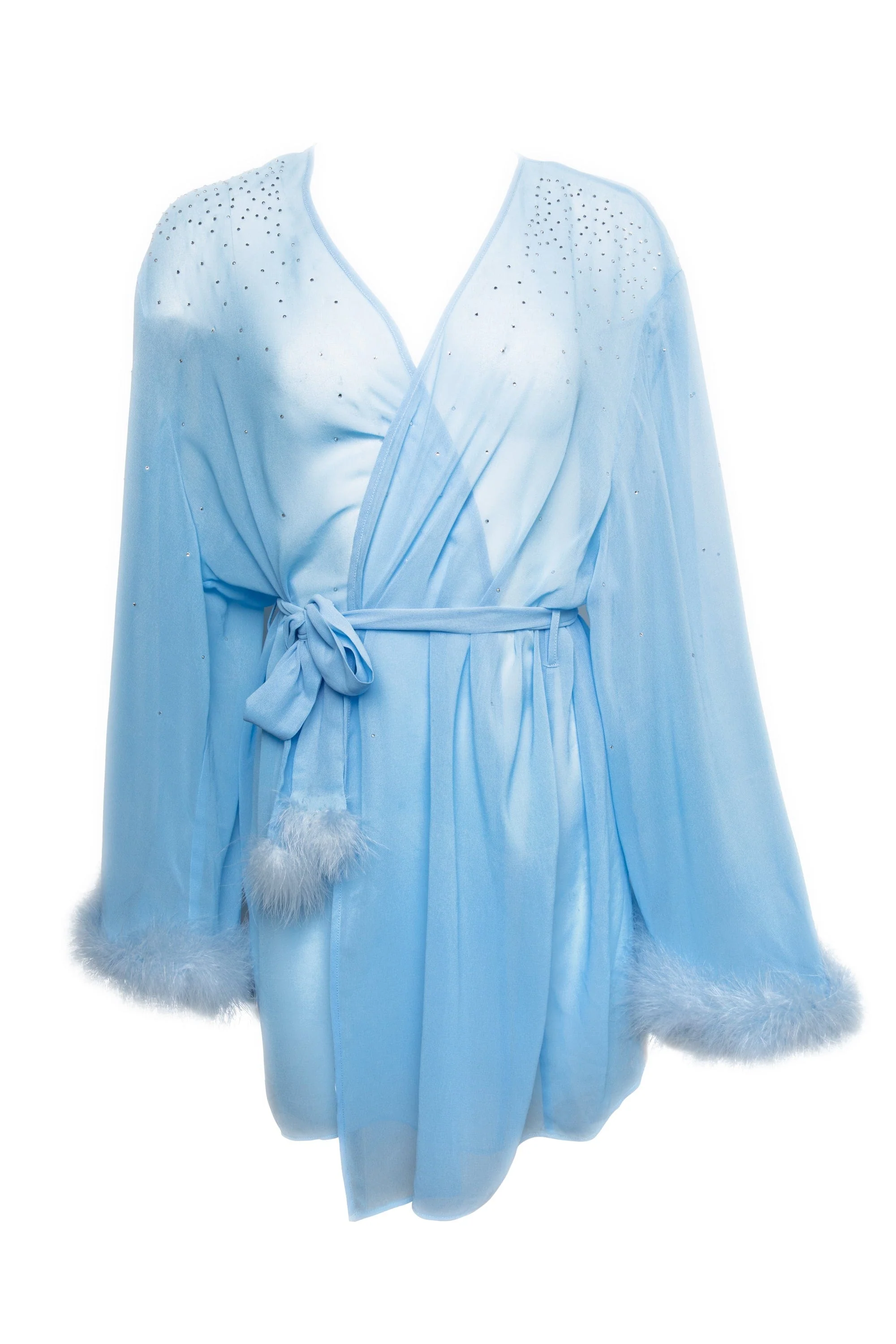 Marilyn Baby Blue Diamanté Feather Robe - Image 6
