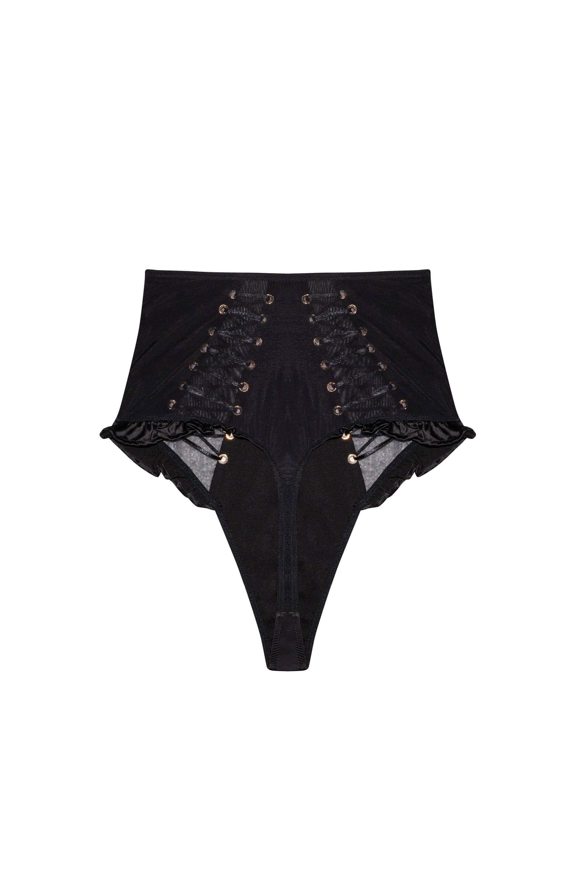 Marina Black Satin Lace-Up High Waisted Thong - Image 2