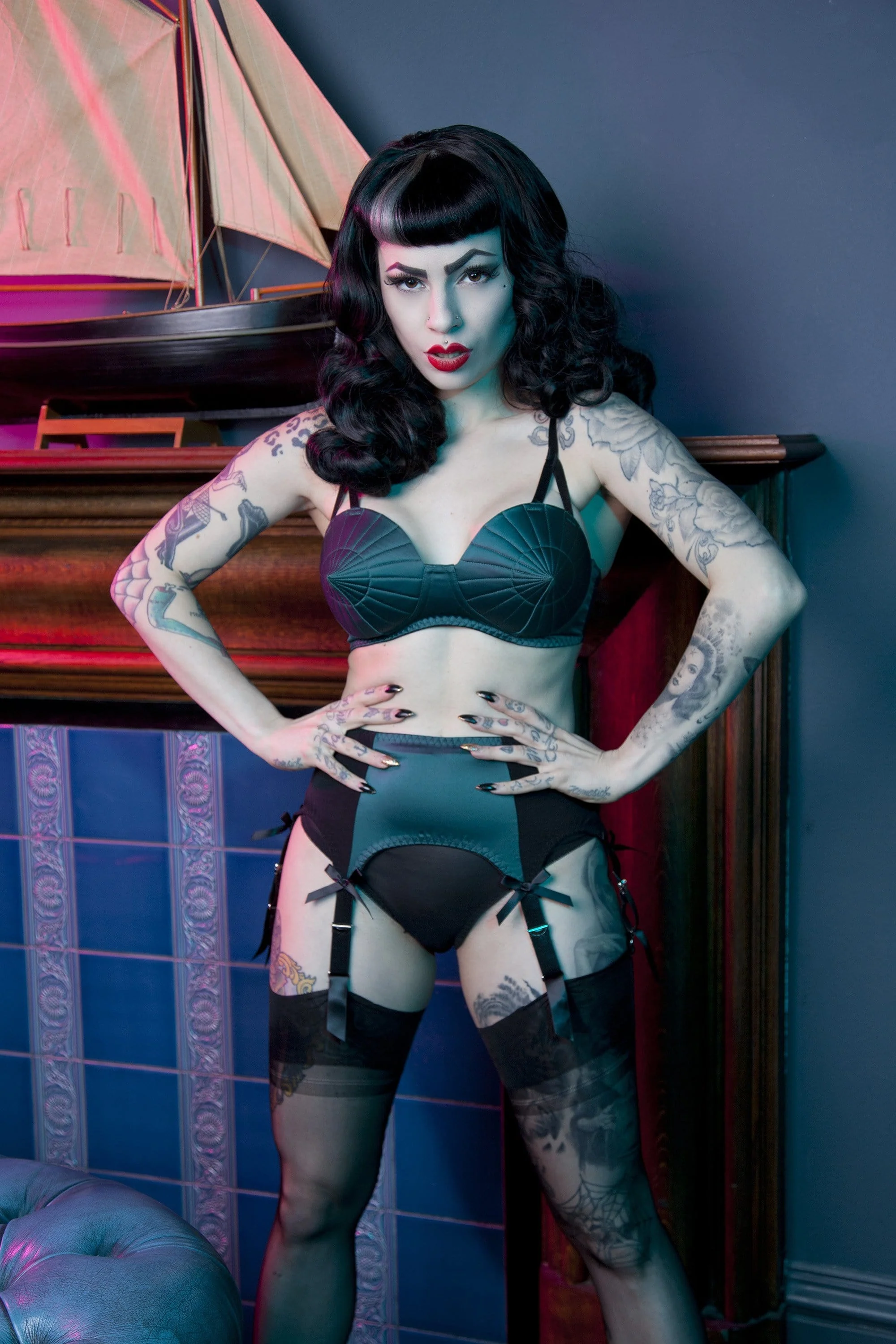Bettie Page Teal Retro Futuristic Bullet Bra - Image 2