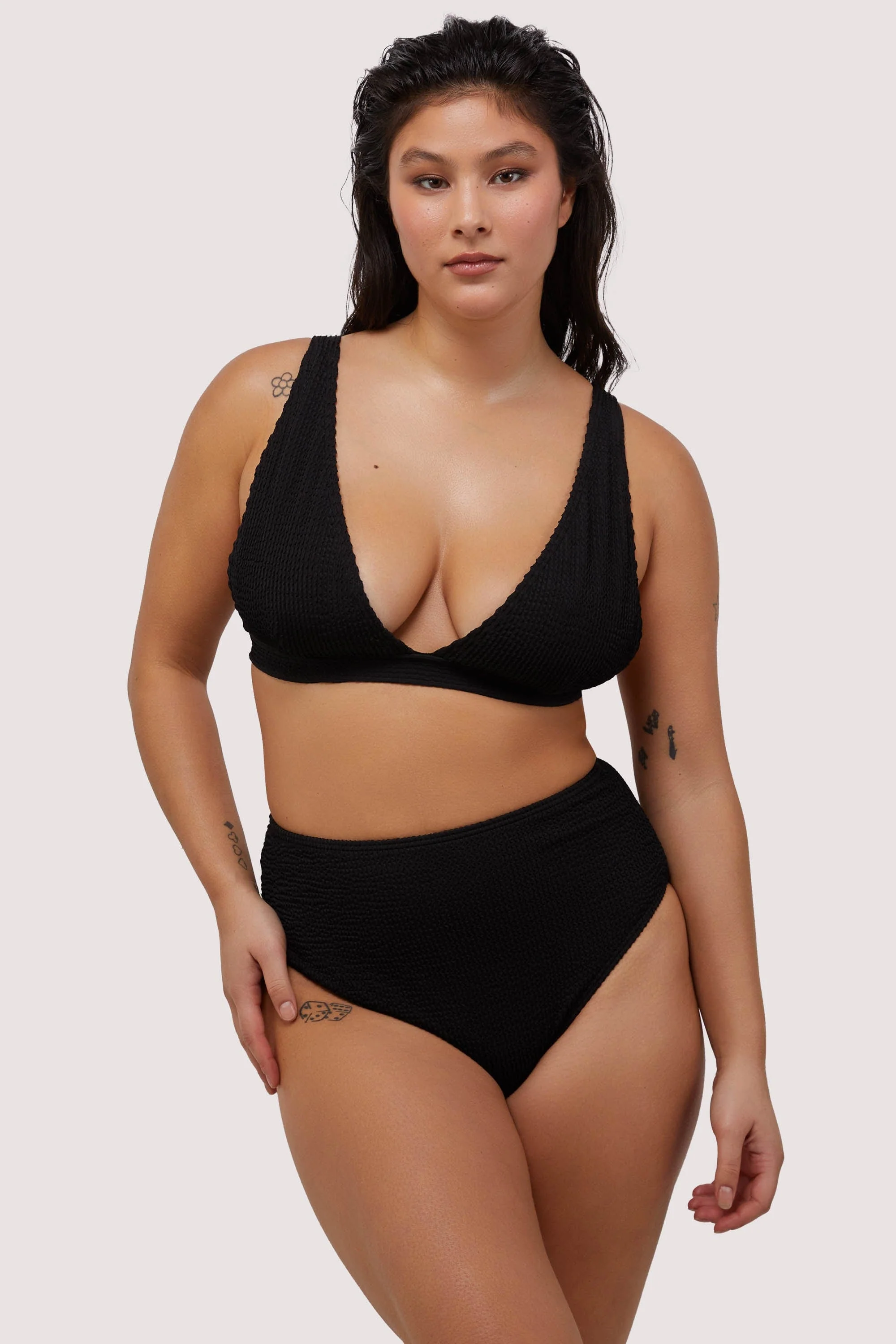 Black Textured High Waisted Bikini Bottom - Image 3
