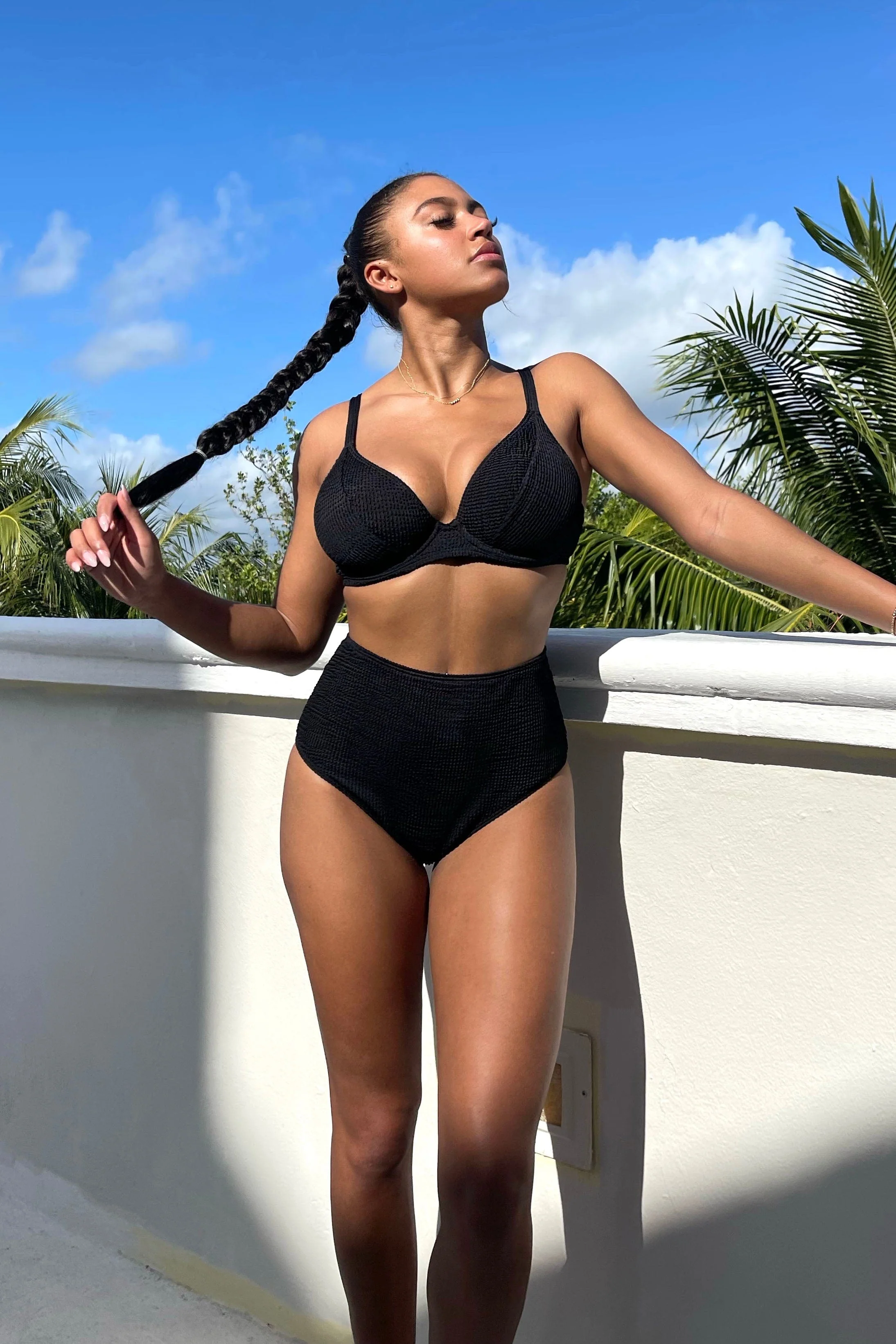 Black Textured High Waisted Bikini Bottom - Image 5