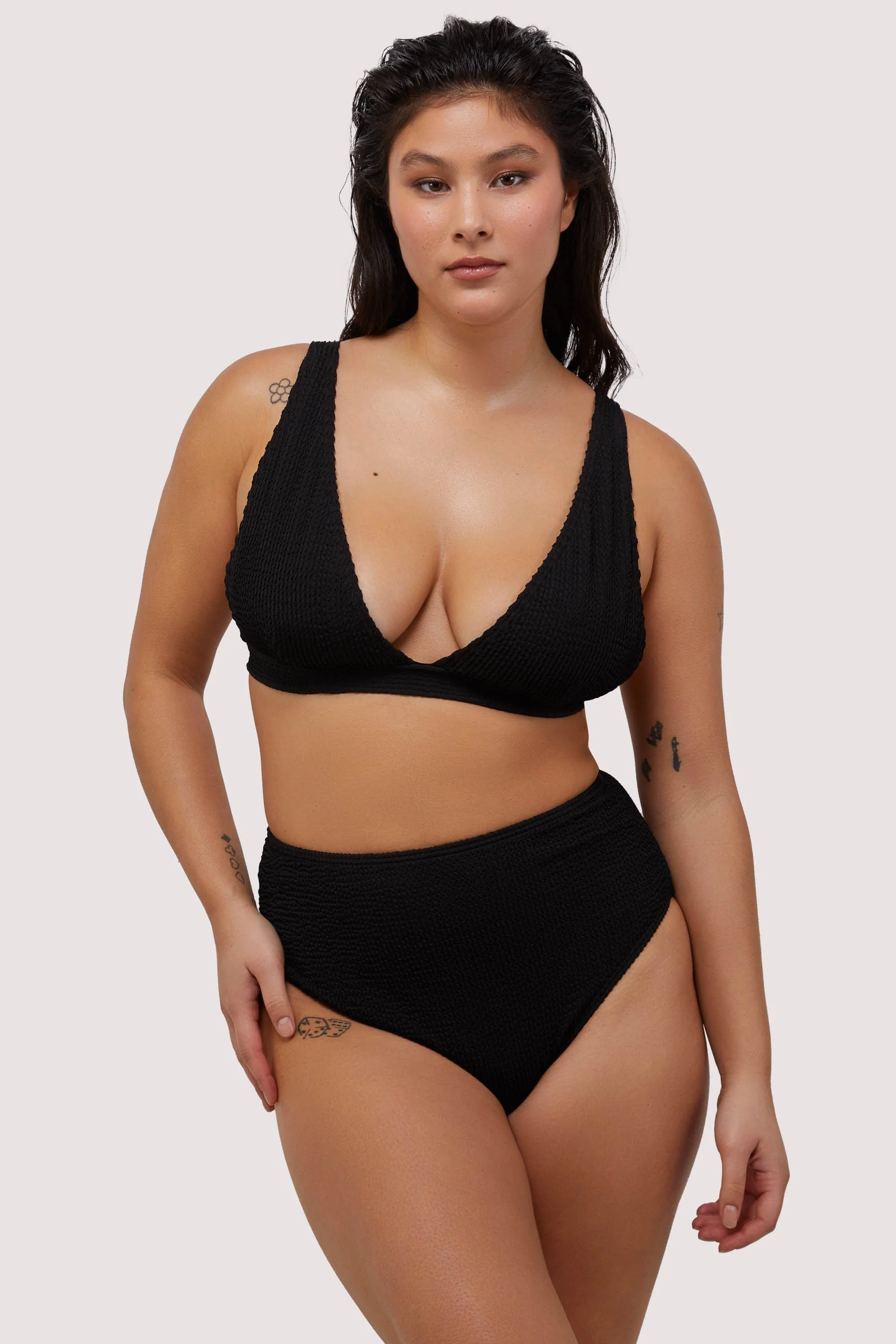 Black Textured Non Wired Plunge Bikini Top Fuller Bust Exclusive - Image 3