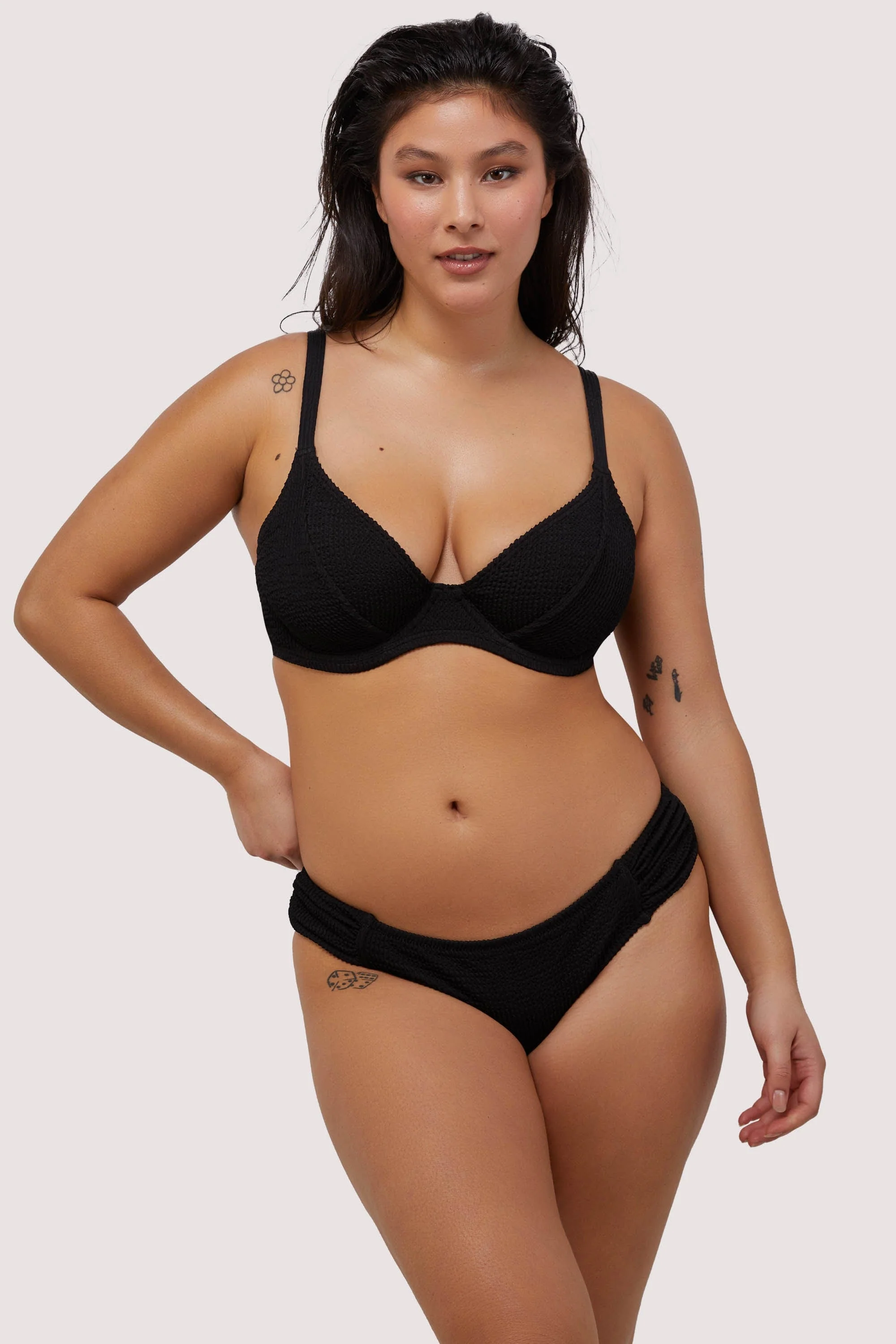 Black Textured Ruched Sides Bikini Bottom - Image 3