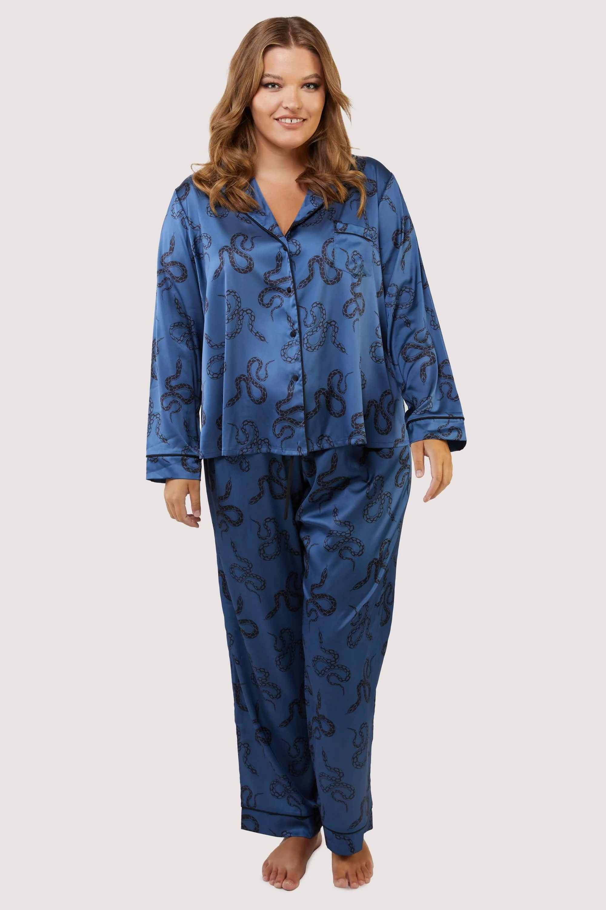 Blue Satin Snake Print Long Sleeve Pyjama Set - Image 4