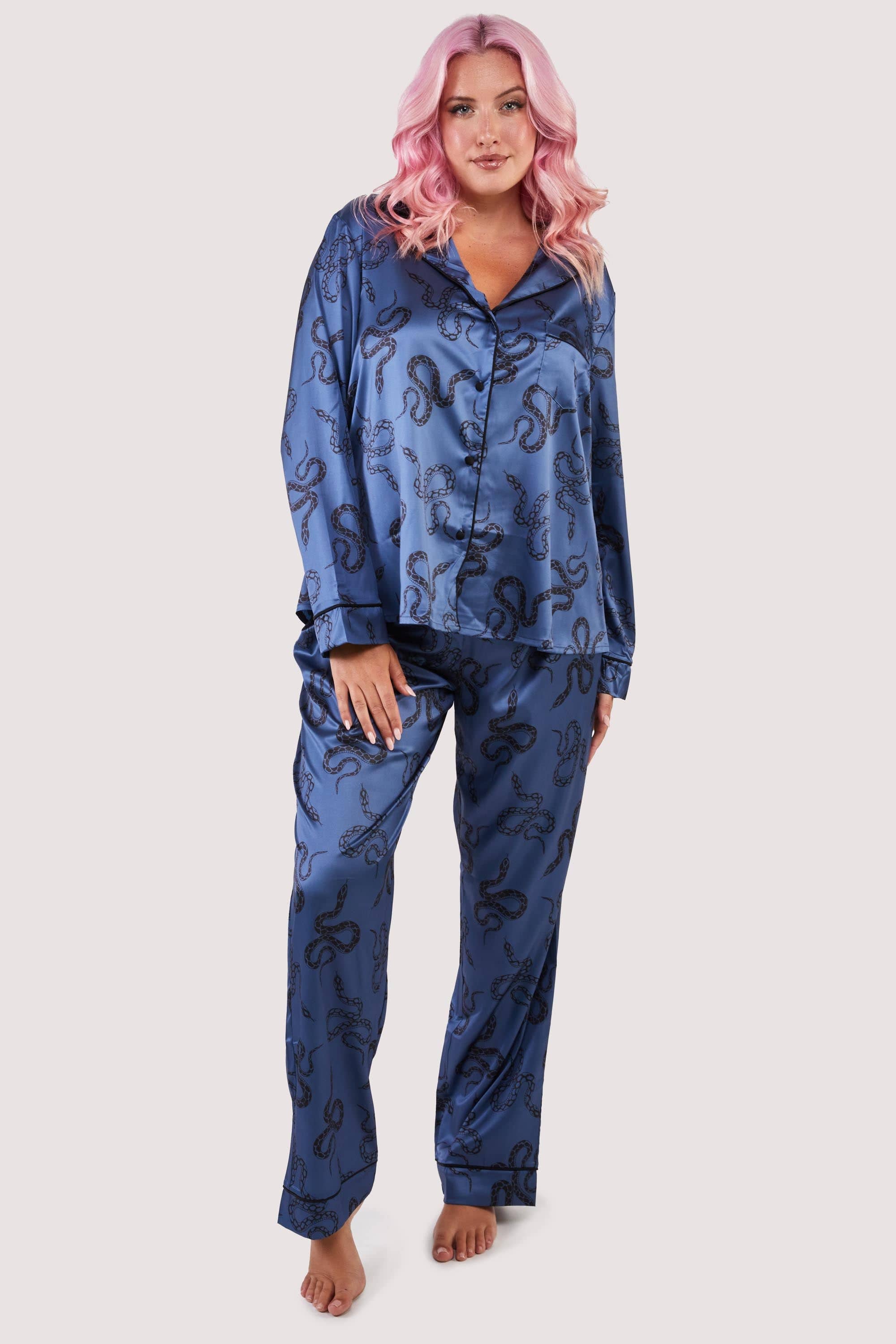 Blue Satin Snake Print Long Sleeve Pyjama Set - Image 6