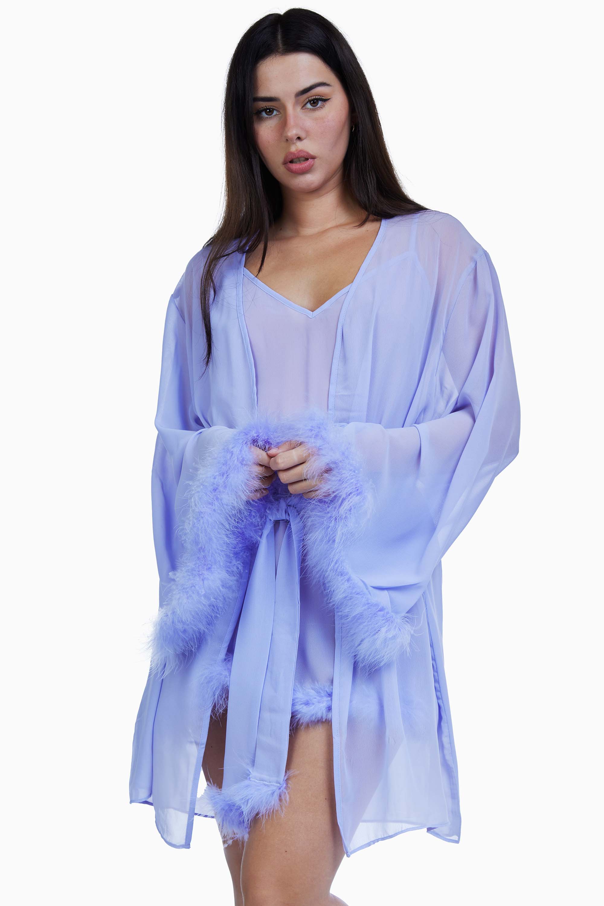 Bettie Page Lilac Chiffon Feather Robe - Image 2