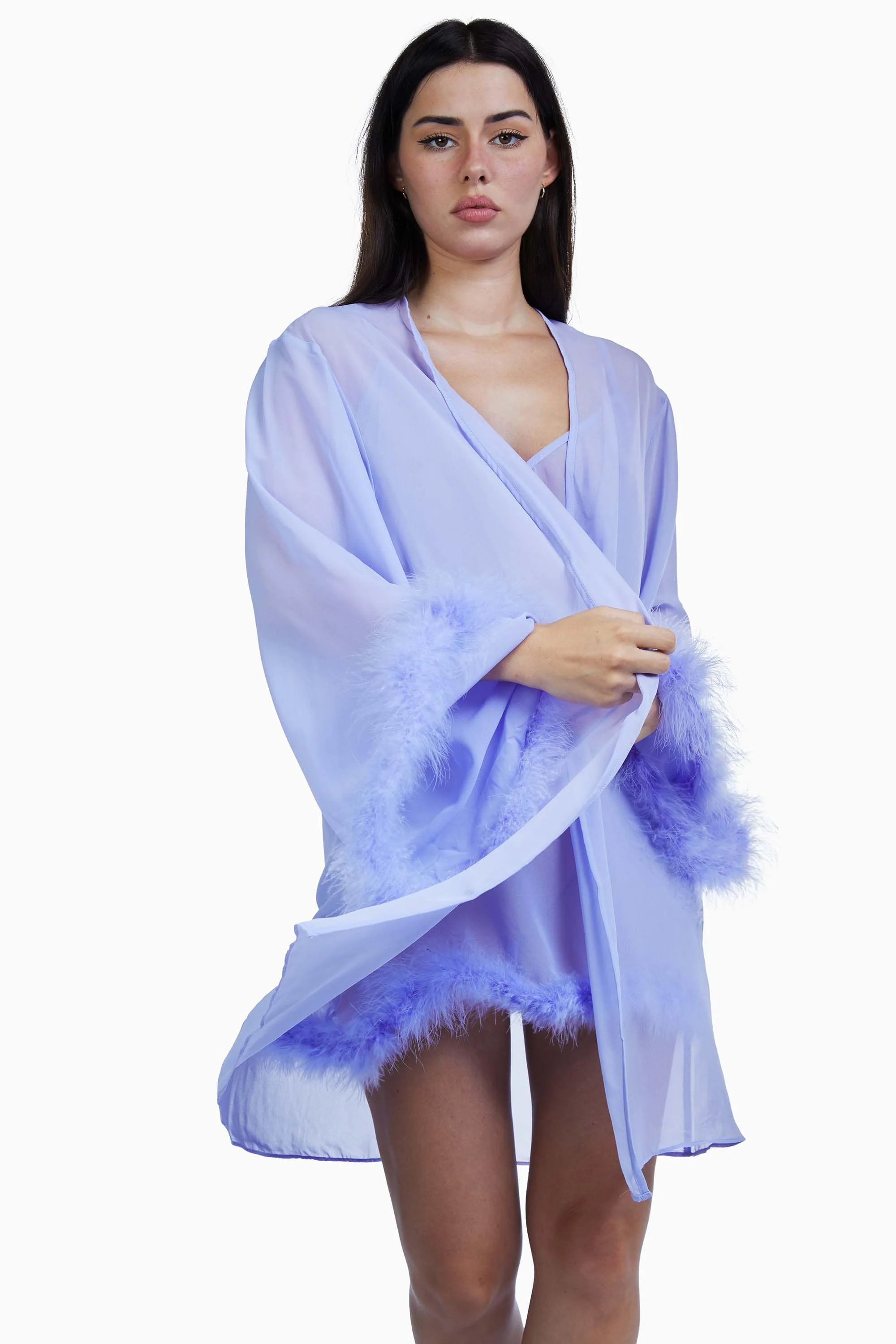 Bettie Page Lilac Chiffon Feather Robe - Image 3