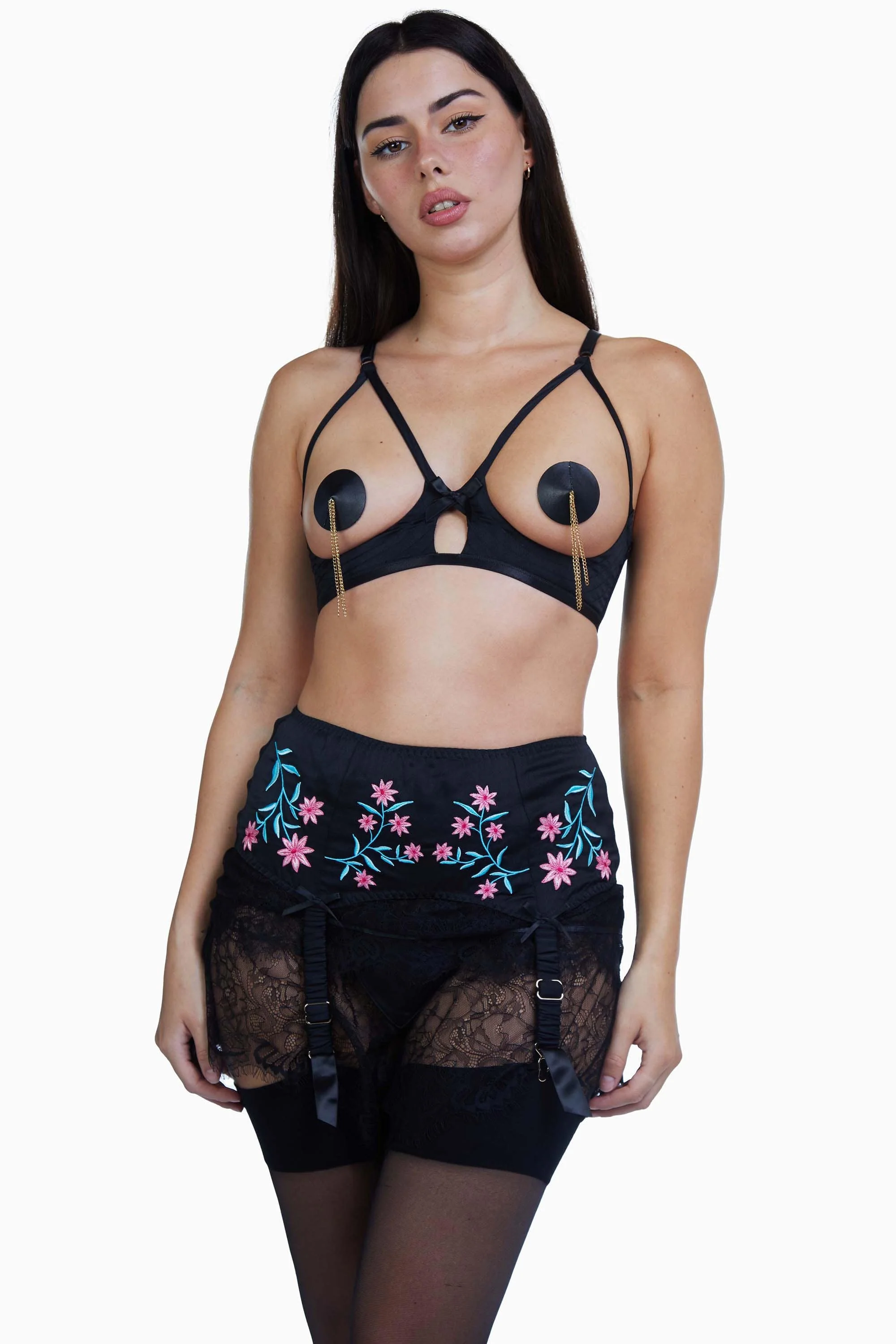 Doris Black Embroidered Retro Suspender Belt - Image 5