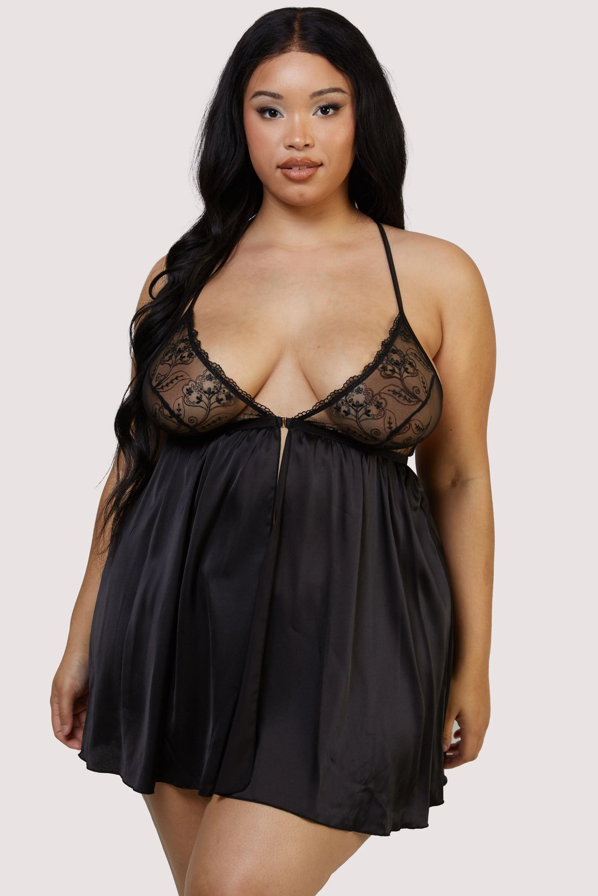 Elise Black Embroidery Babydoll and Thong Set - Image 4