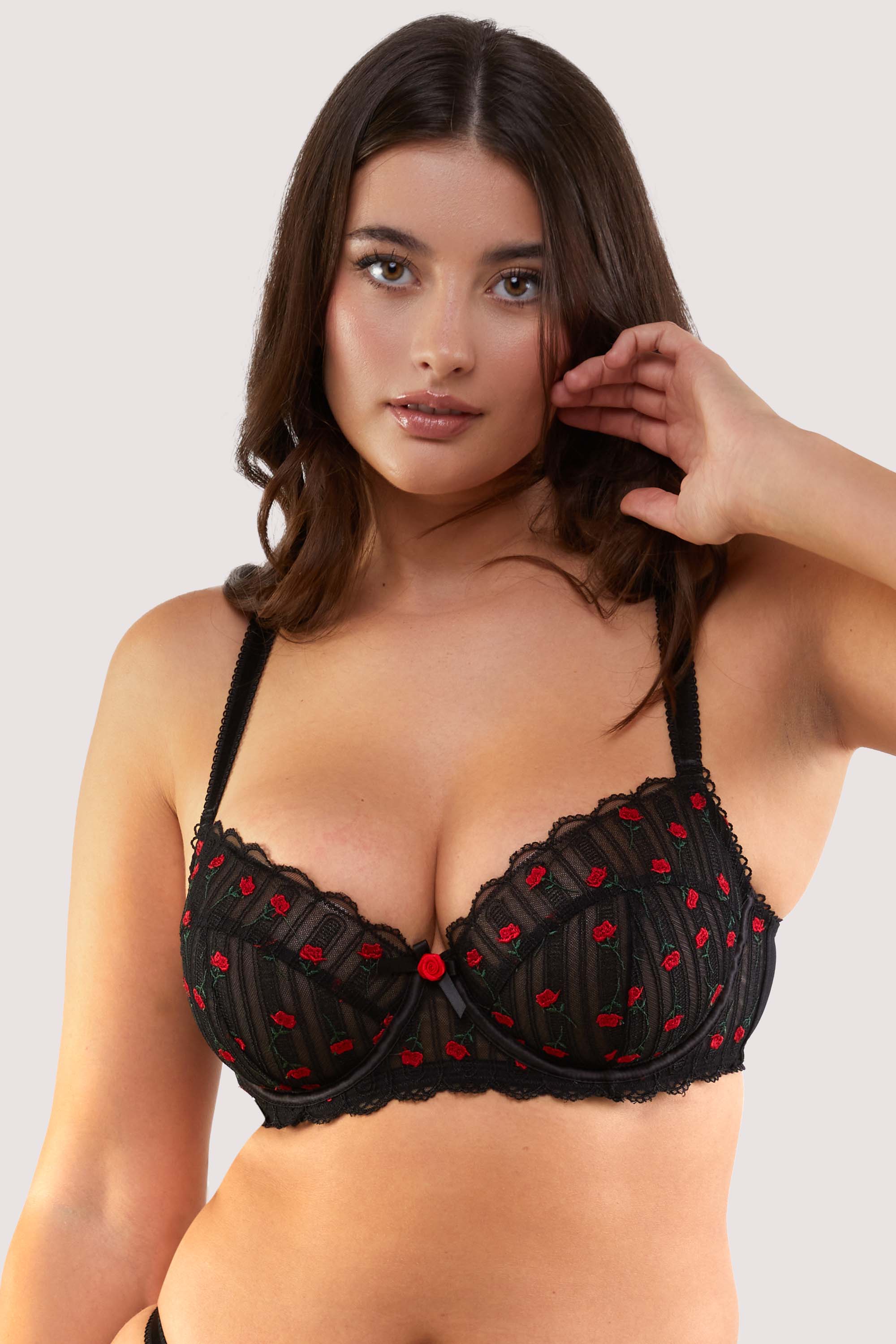 Elodie Black and Red Rosebud Embroidery Balconette Bra - Image 3