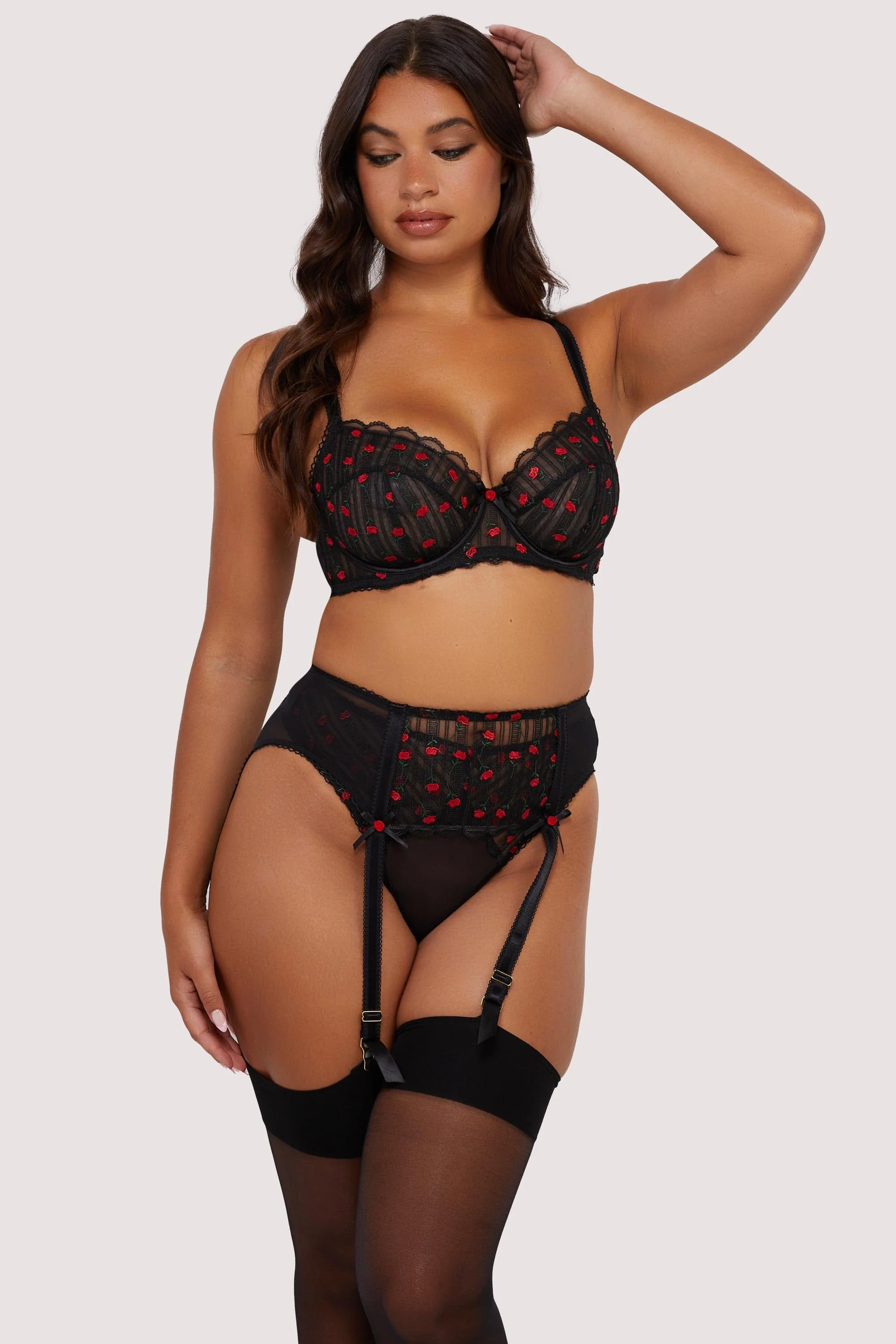 Elodie Black and Red Rosebud Embroidery Suspender Belt - Image 7