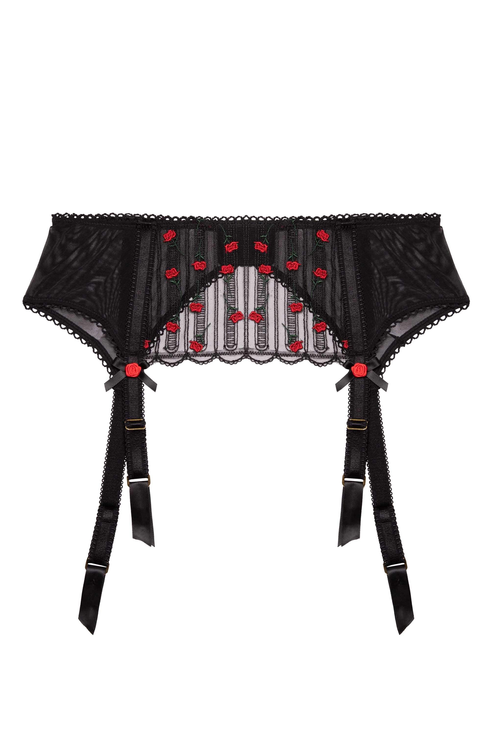 Elodie Black and Red Rosebud Embroidery Suspender Belt - Image 9