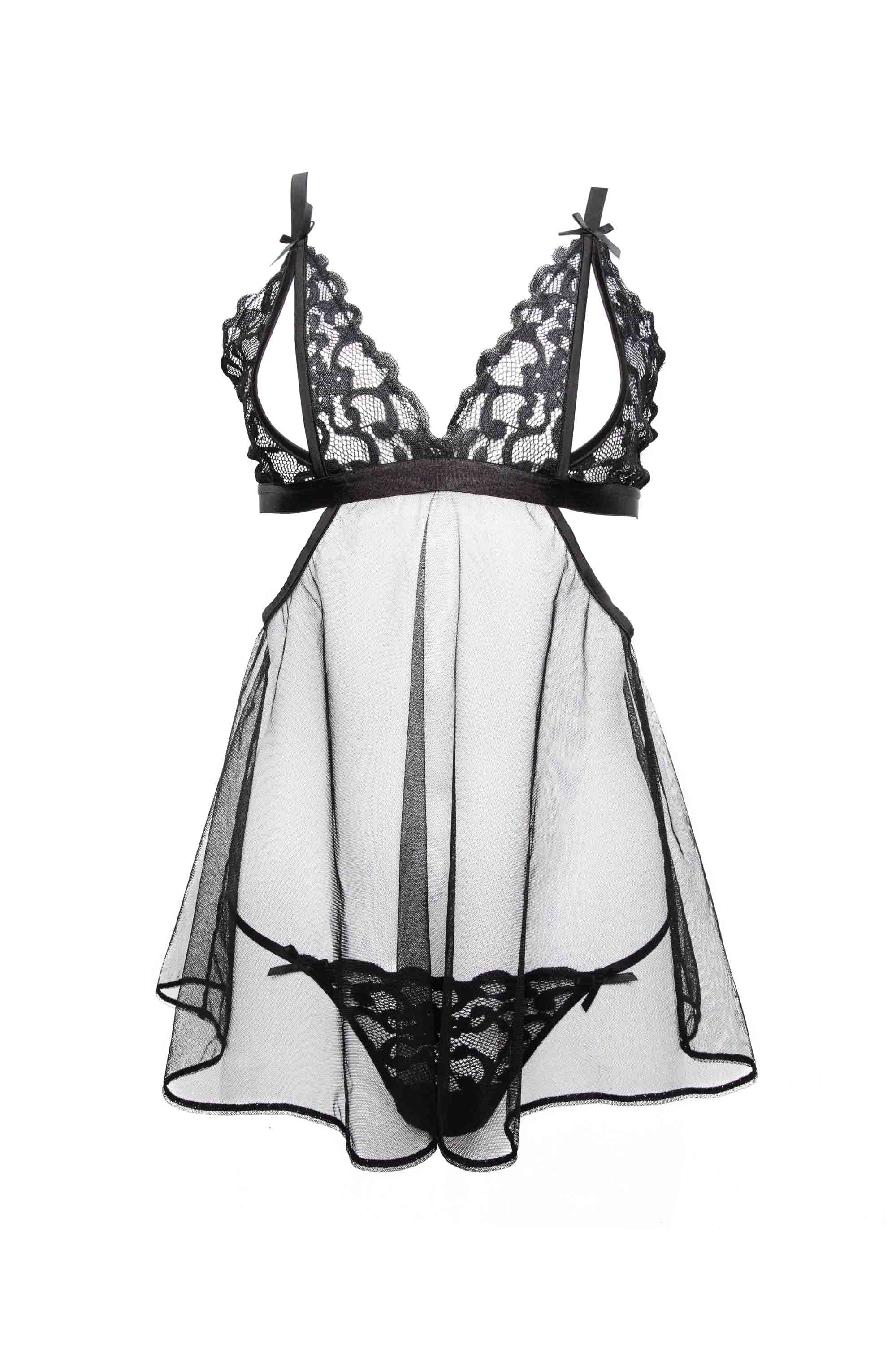 Dreamland Black Embroidered Peep Babydoll and Thong Set - Image 7