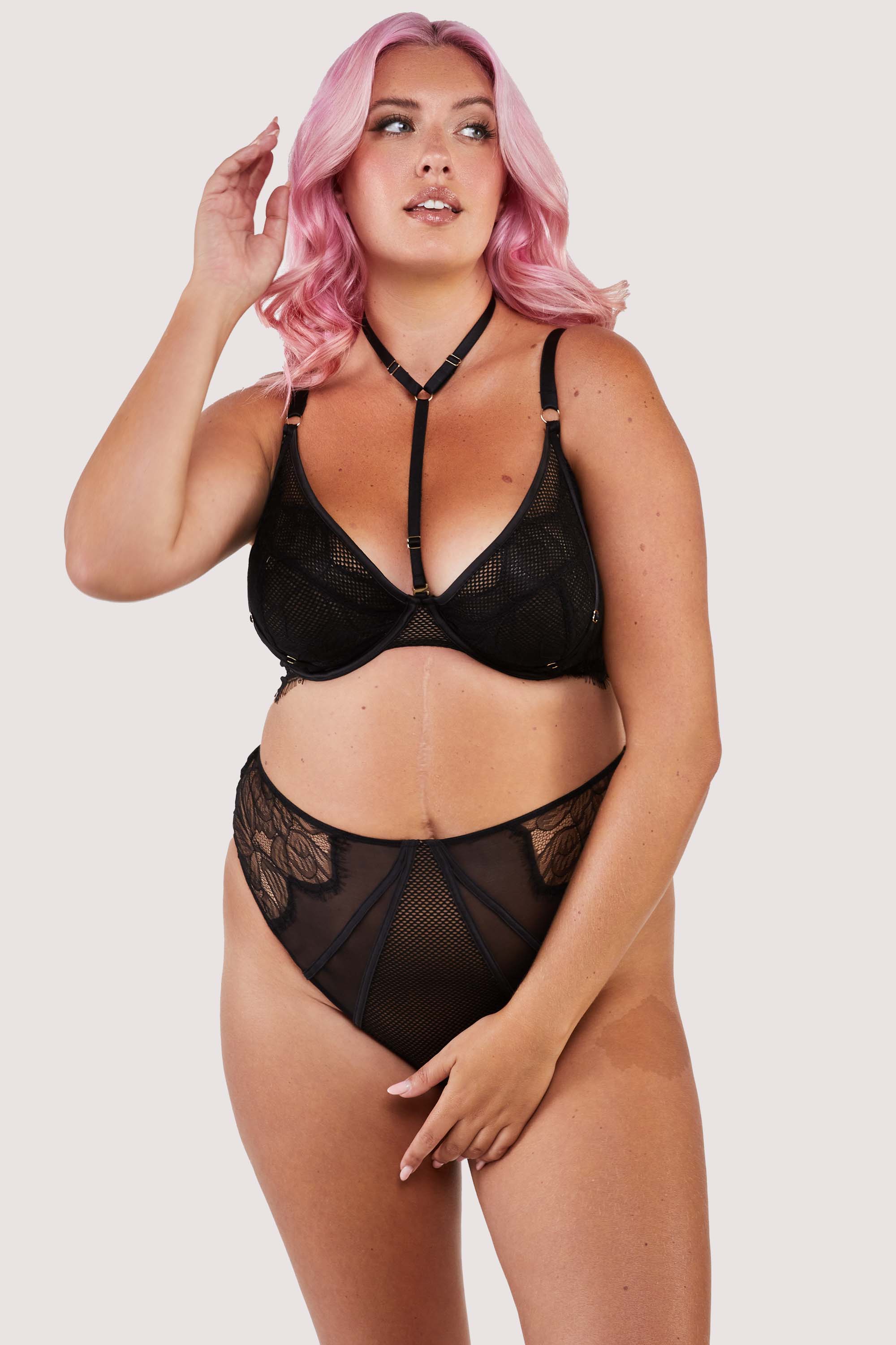 Fairfield Black Fishnet And Lace Crotchless High Waist Thong - Image 6