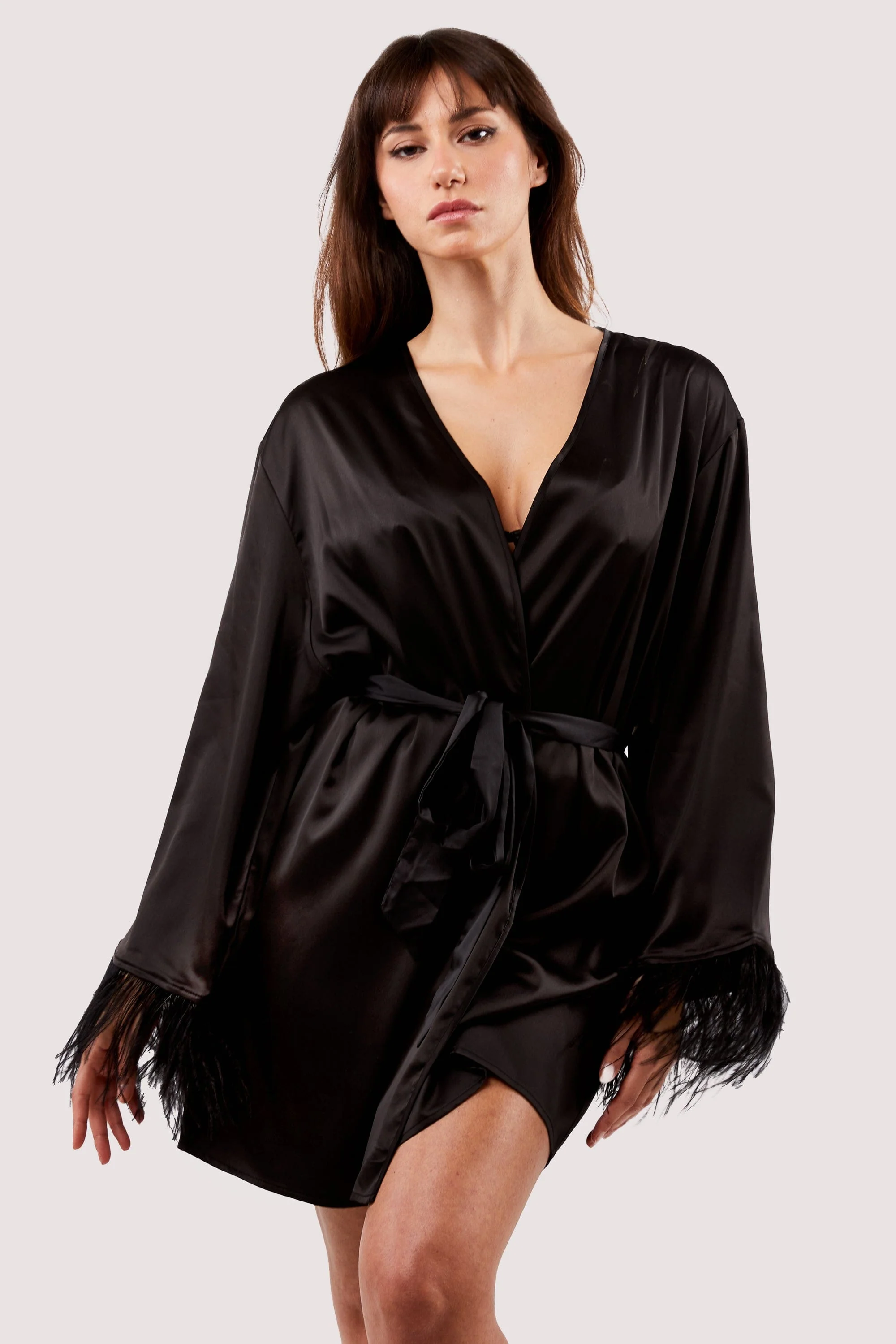 Sirus Black Satin And Feather Kimono - Image 4
