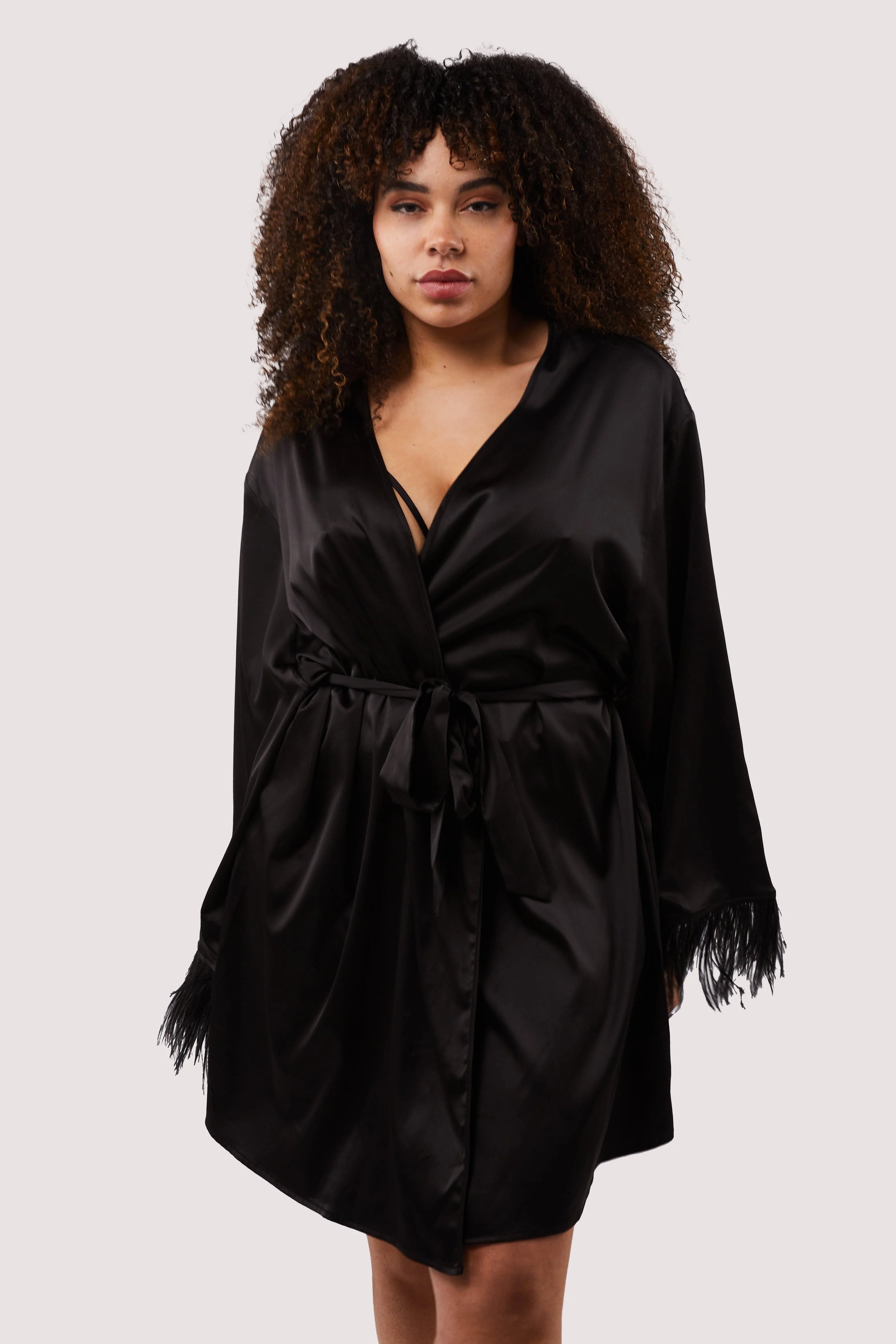 Sirus Black Satin And Feather Kimono - Image 7