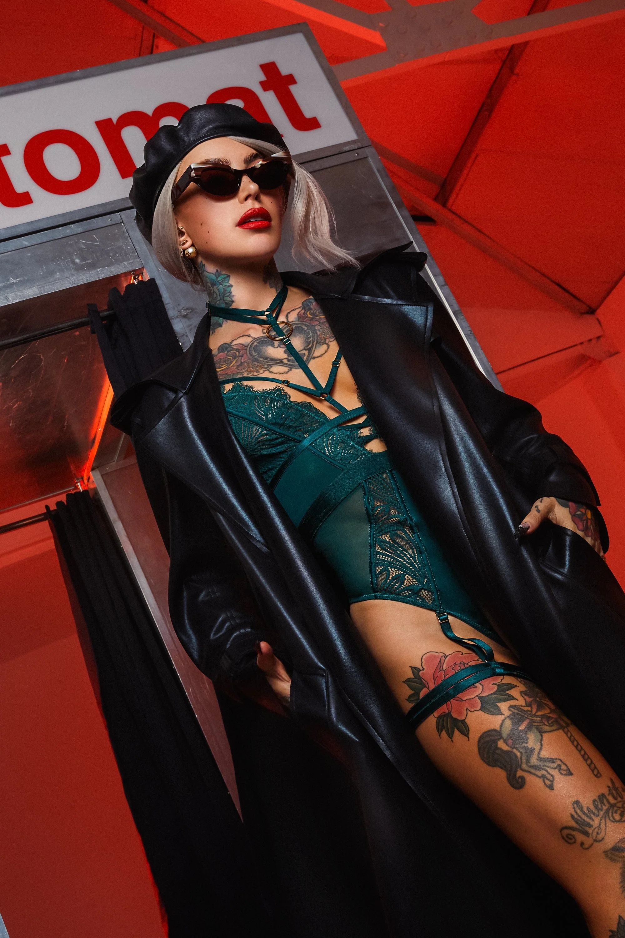 Haunted Forest Green Satin & Lace Harness Body - Image 3