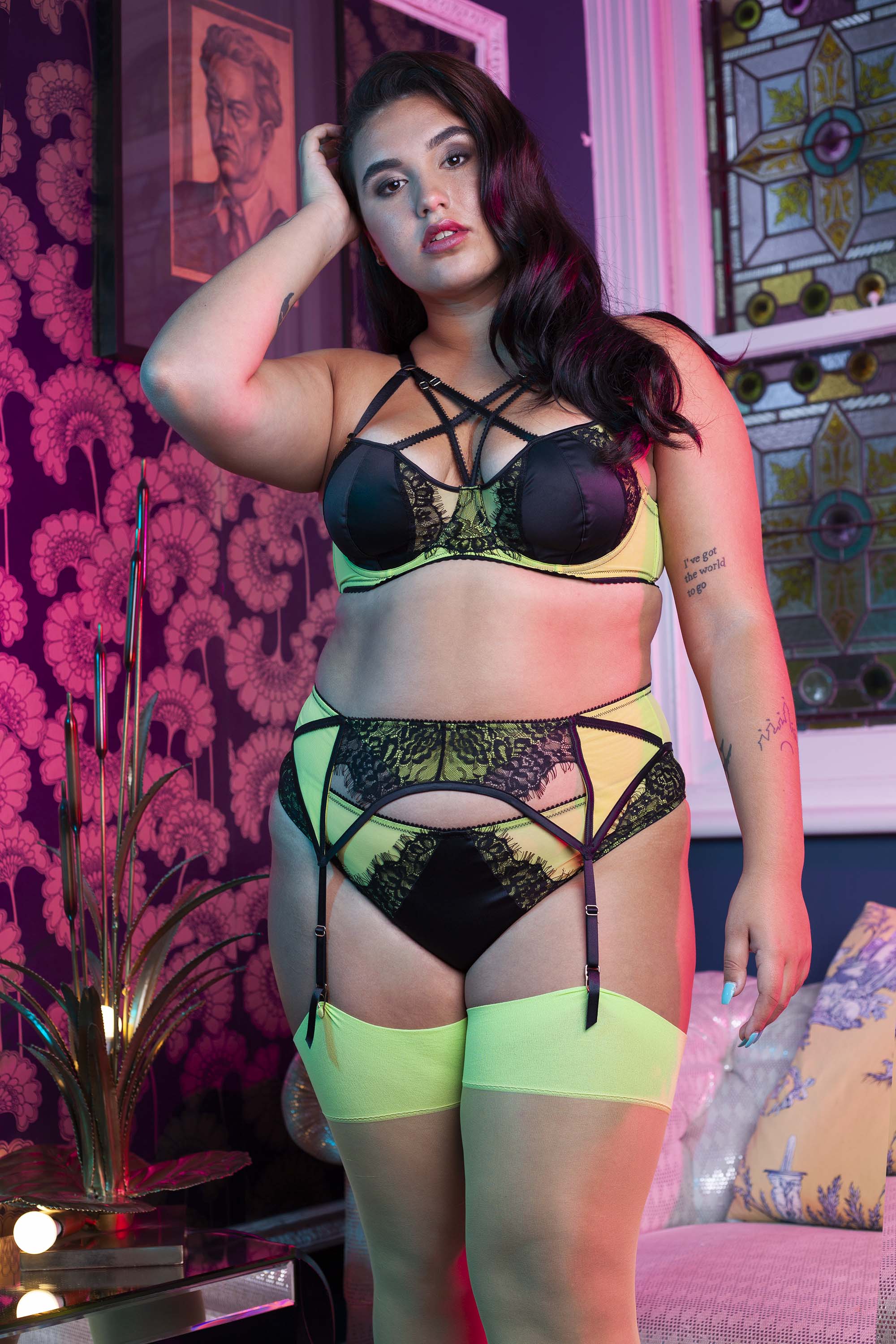 Playful Promises Indigo Lime Satin and Lace Picot Suspender - Image 3