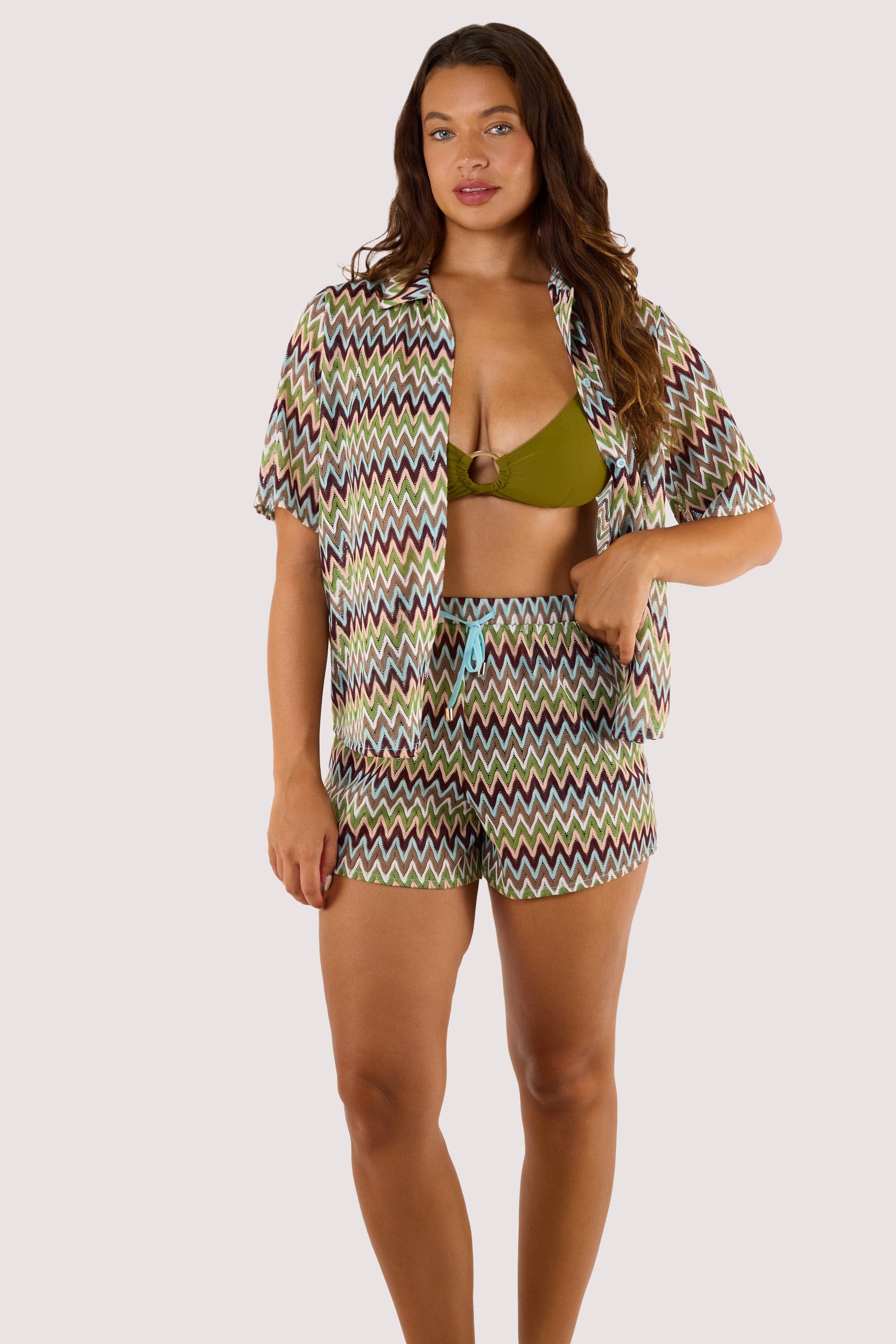 Kalahari Khaki Zig Zag Crochet Beach Shorts - Image 3