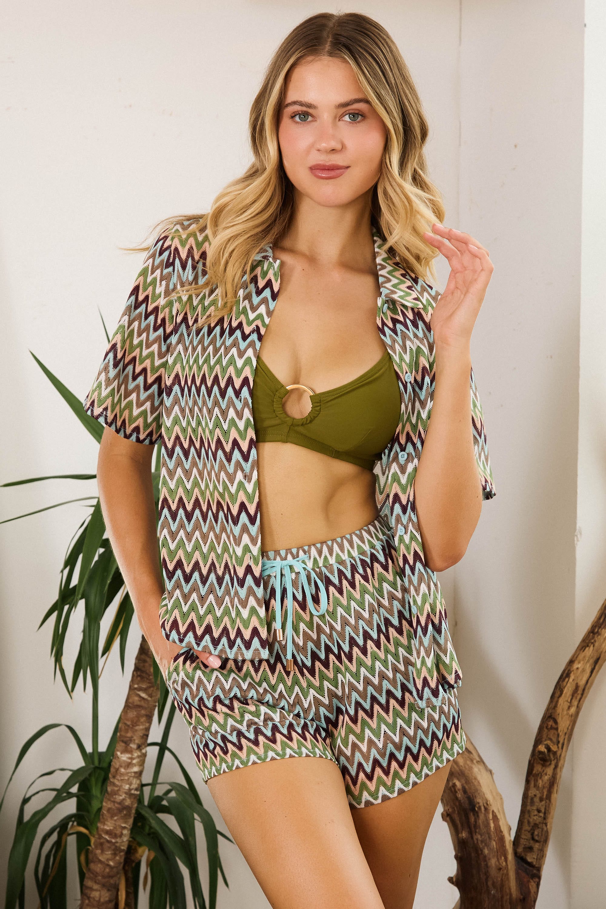 Kalahari Khaki Zig Zag Crochet Beach Shorts - Image 4