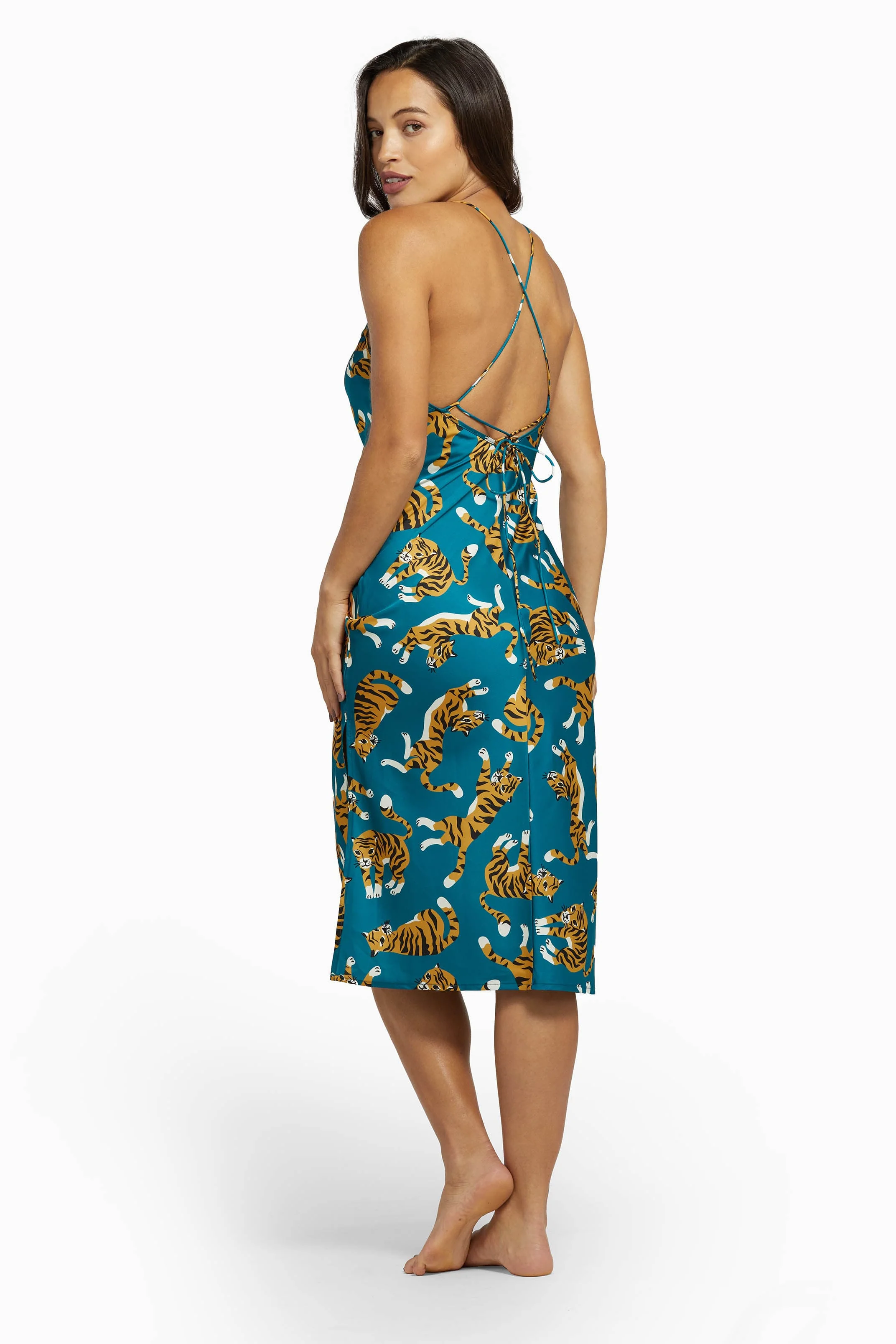 Kilo Brava Teal Tiger Satin Cowl Midi Slip Dress - Image 2