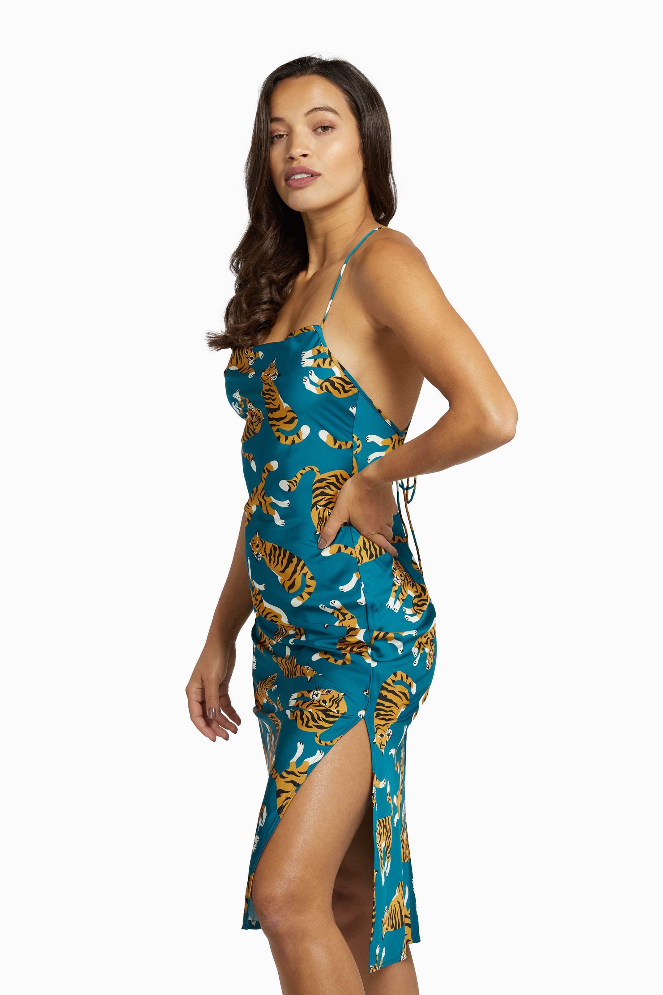Kilo Brava Teal Tiger Satin Cowl Midi Slip Dress - Image 3