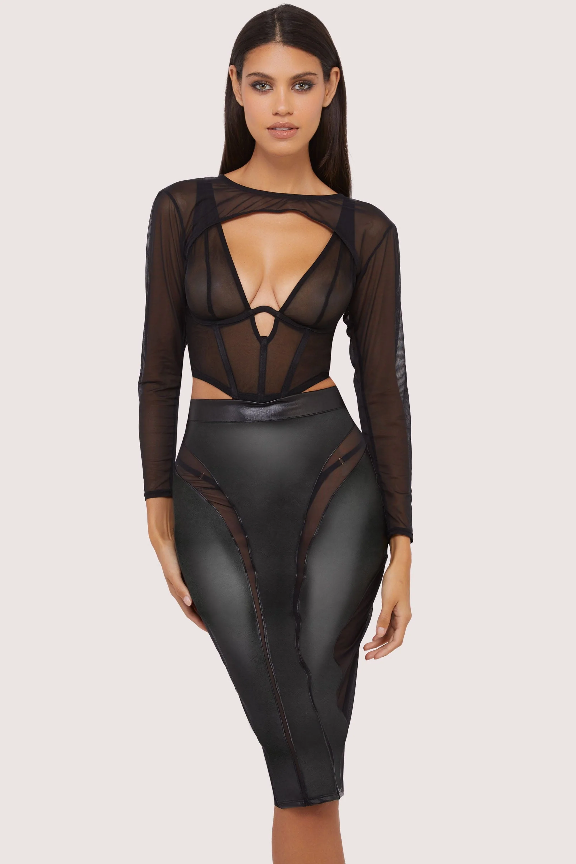 Maeve Black Vegan Leather Mesh Insert Pencil Skirt - Image 5