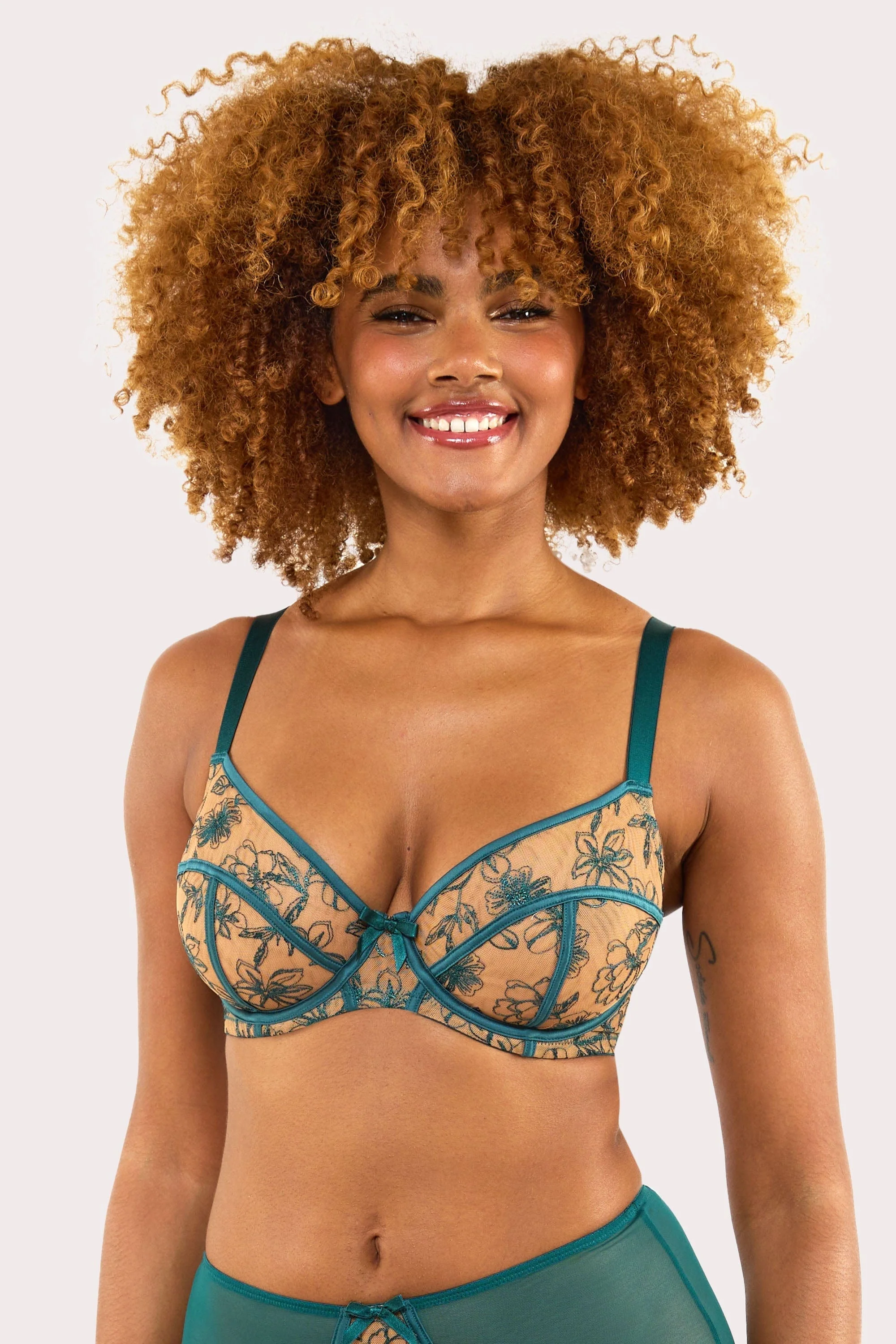 Olivia Teal Contrast Embroidery Balconette Bra - Image 2
