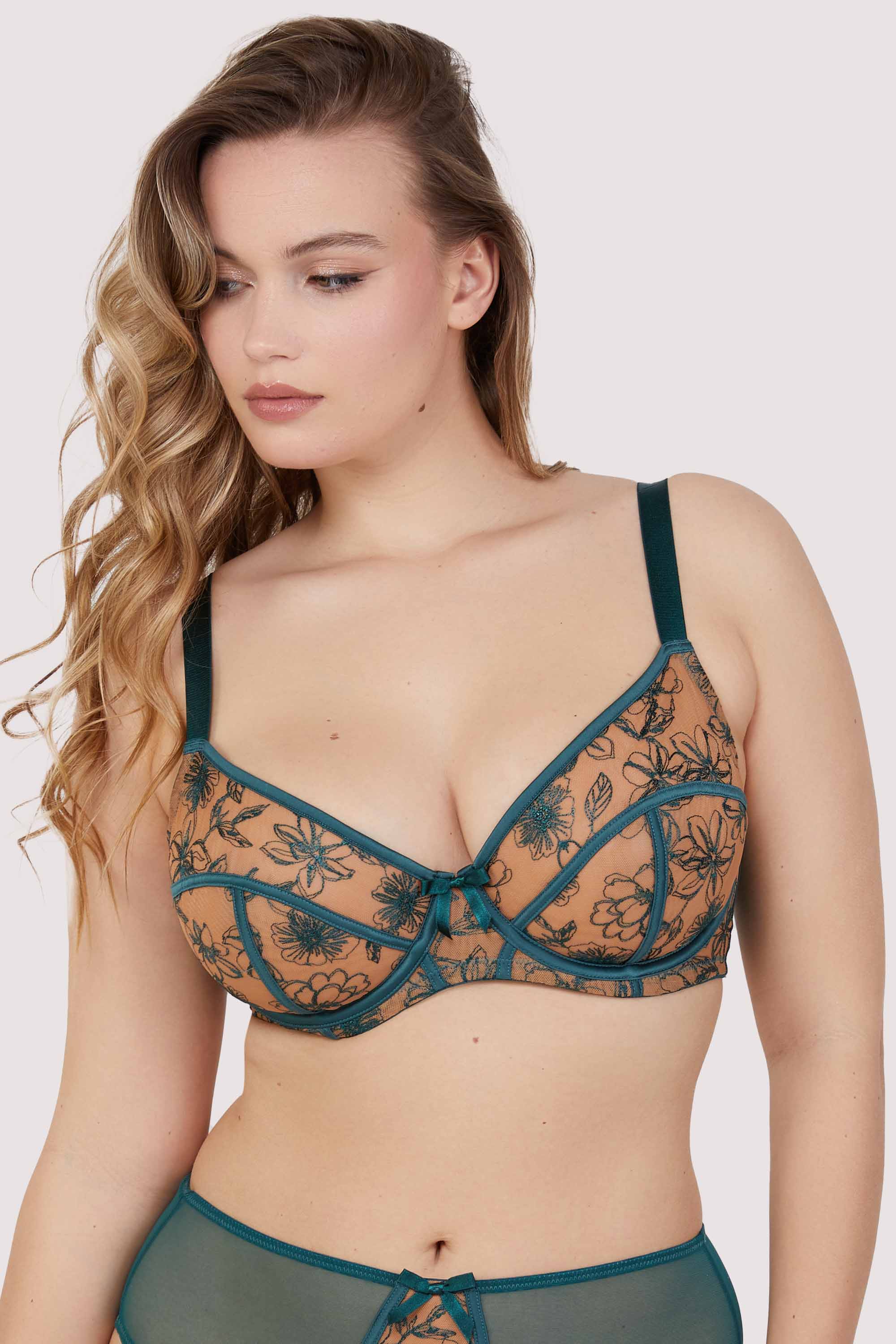 Olivia Teal Contrast Embroidery Balconette Bra - Image 5