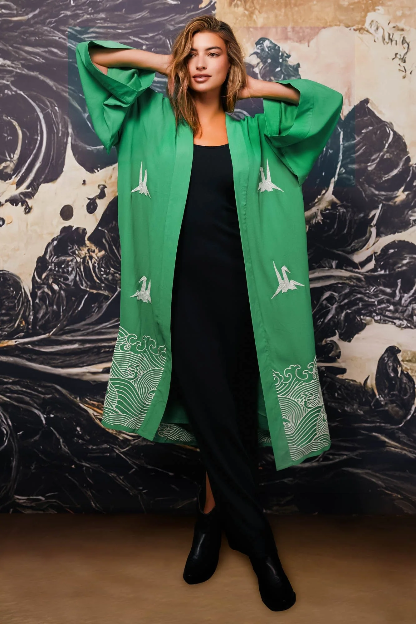 Origami and Hokusai Wave Embroidered Fully Lined Island Green Long Kimono - Image 3