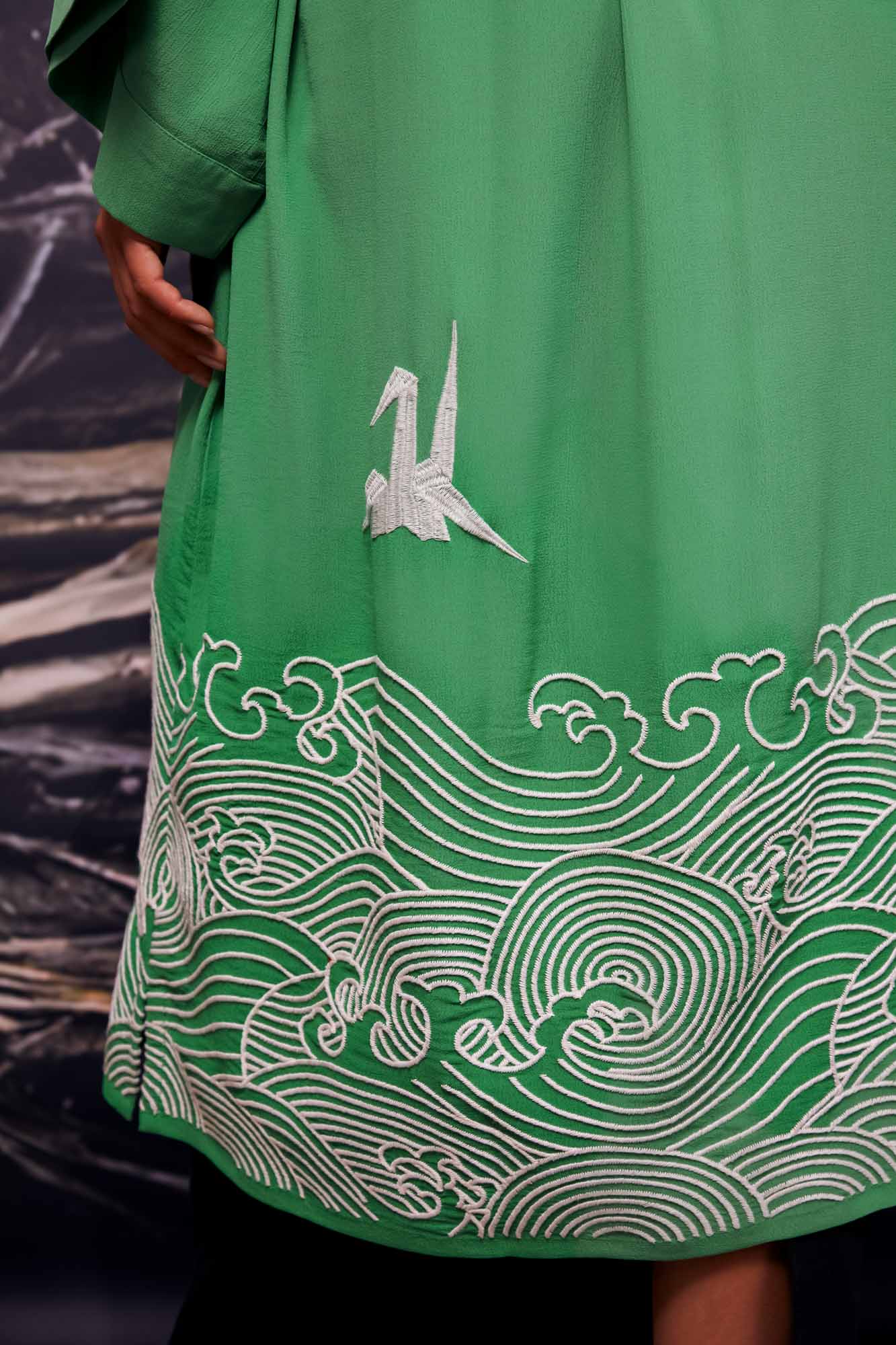 Origami and Hokusai Wave Embroidered Fully Lined Island Green Long Kimono - Image 4
