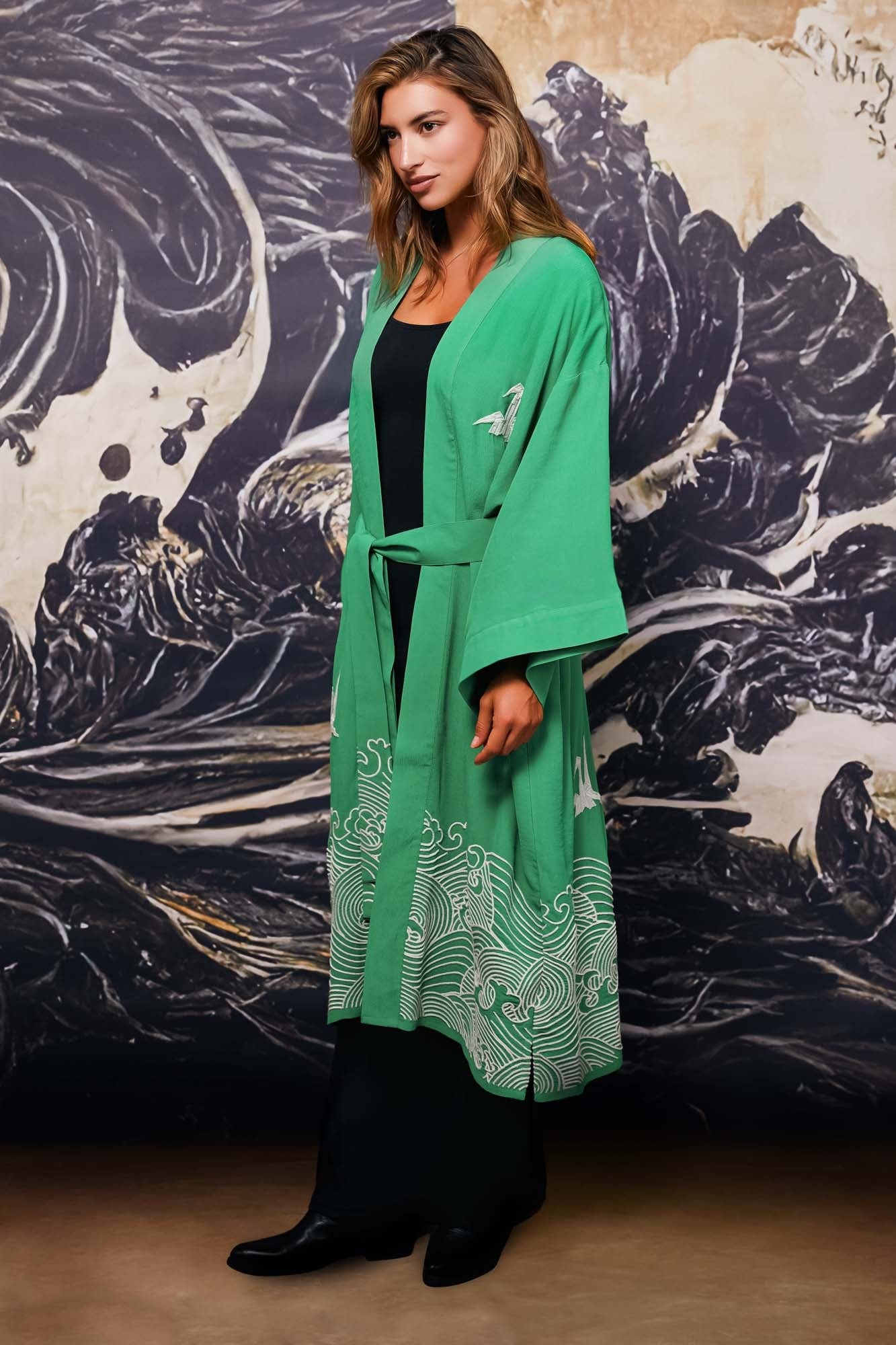 Origami and Hokusai Wave Embroidered Fully Lined Island Green Long Kimono - Image 5