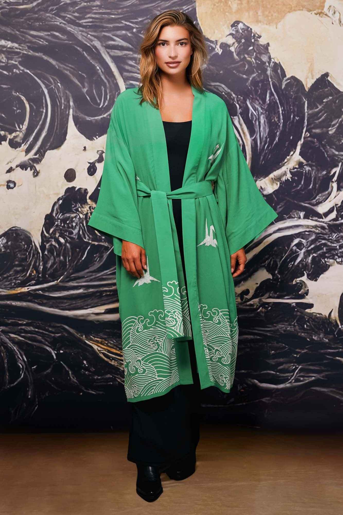 Origami and Hokusai Wave Embroidered Fully Lined Island Green Long Kimono - Image 6