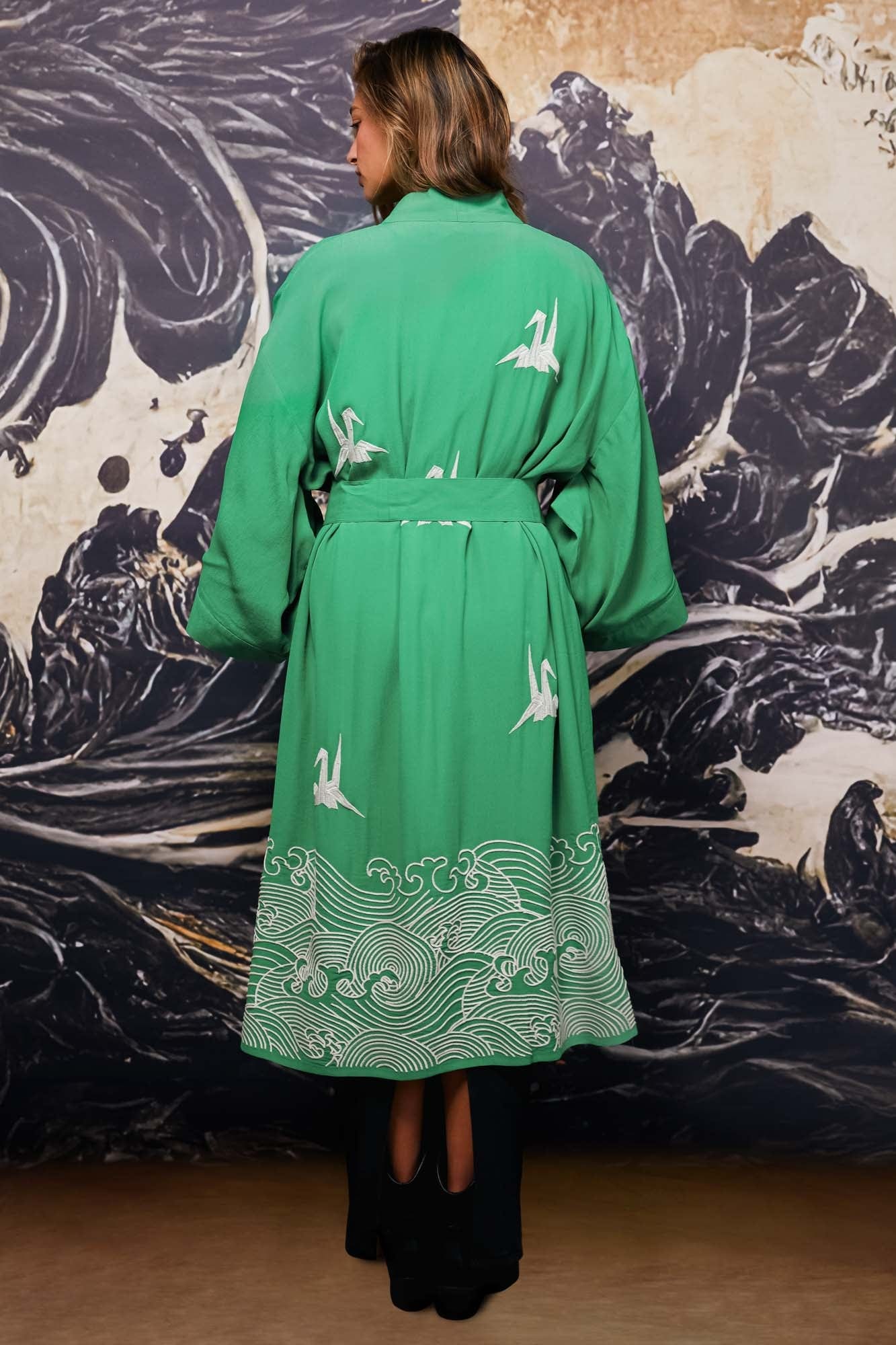 Origami and Hokusai Wave Embroidered Fully Lined Island Green Long Kimono - Image 7