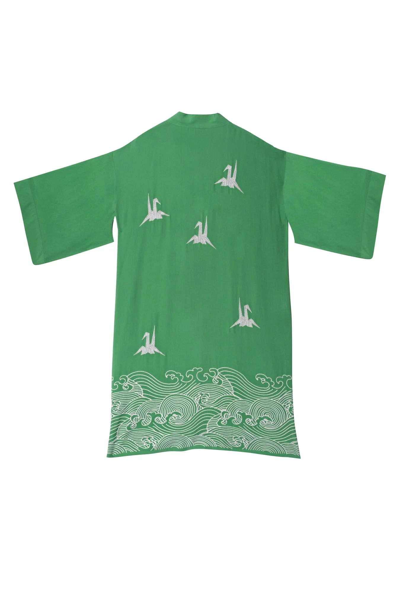 Origami and Hokusai Wave Embroidered Fully Lined Island Green Long Kimono - Image 8
