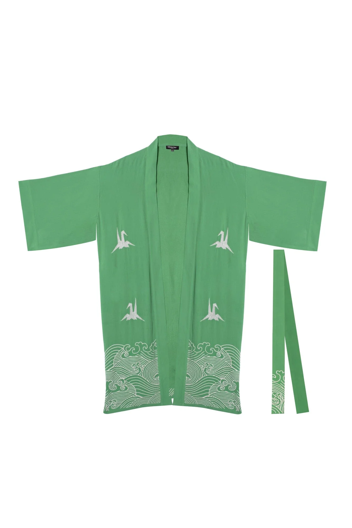 Origami and Hokusai Wave Embroidered Fully Lined Island Green Long Kimono - Image 9
