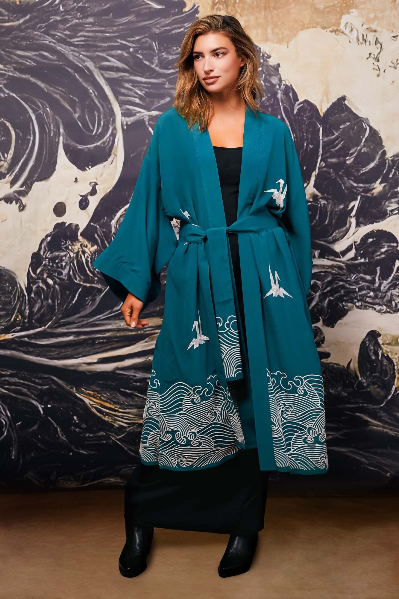 Origami & Hokusai Wave Embroidered Fully Lined Deep Teal Long Kimono - Image 6
