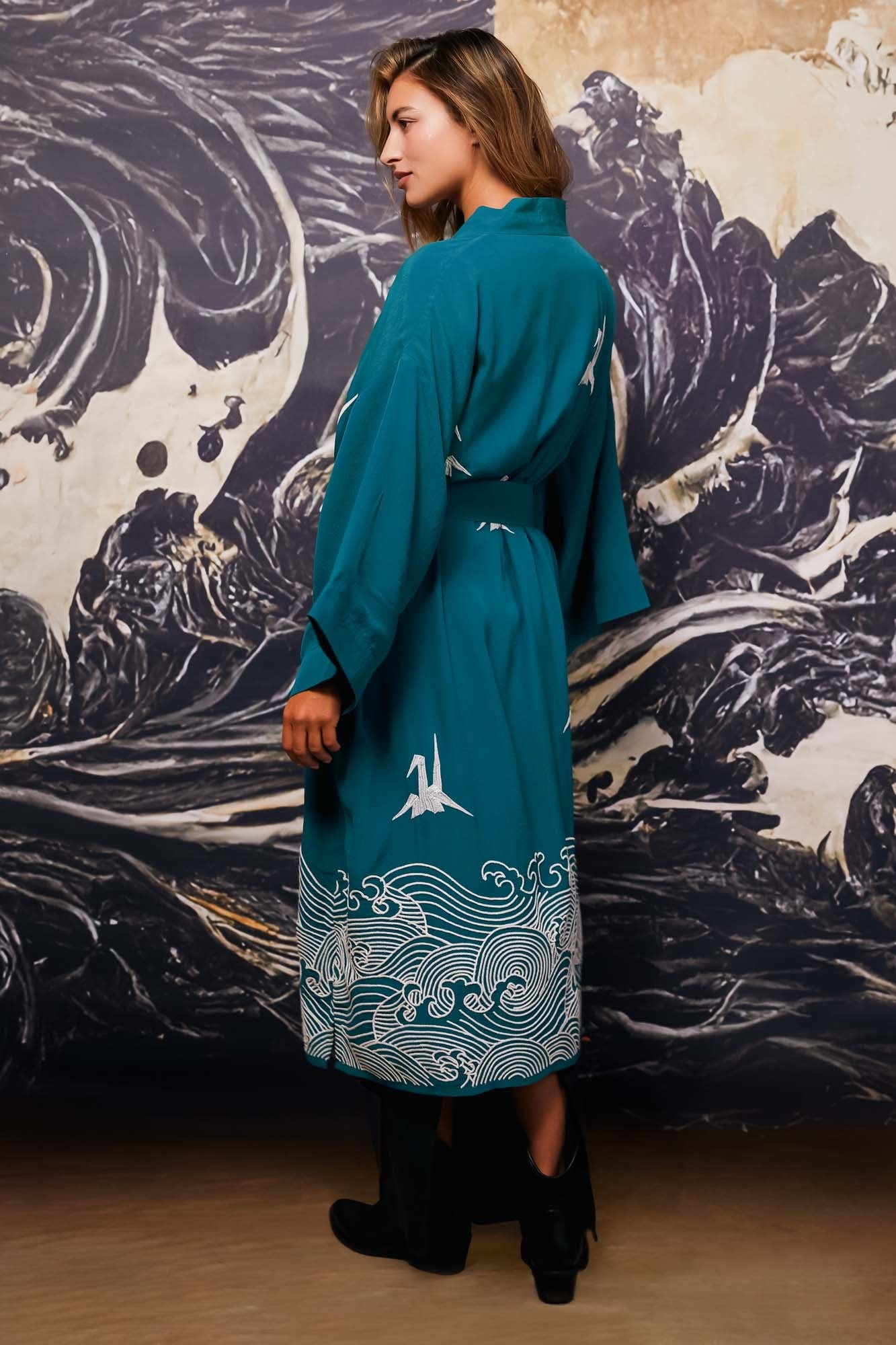Origami & Hokusai Wave Embroidered Fully Lined Deep Teal Long Kimono - Image 8