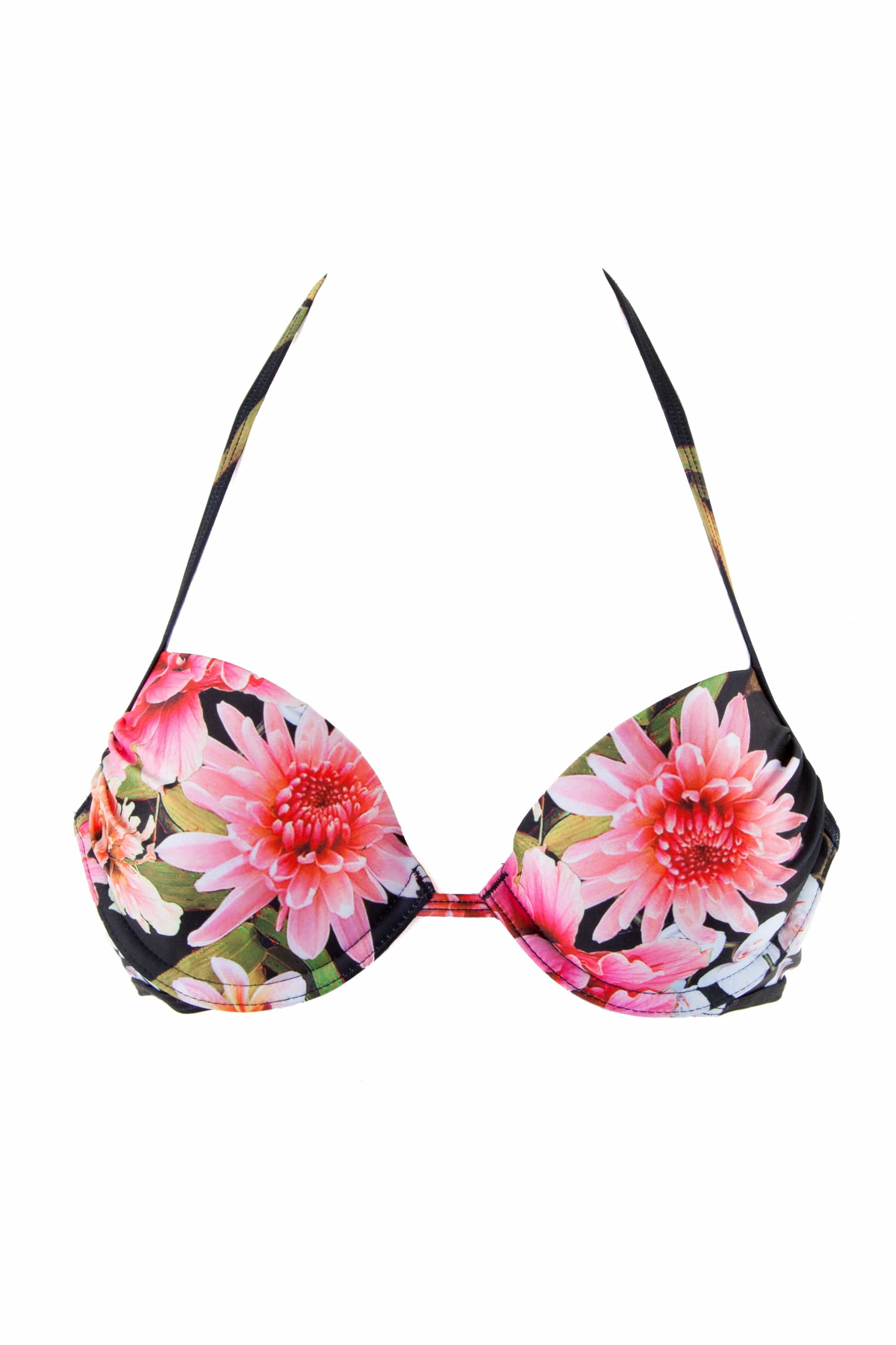 Peek & Beau Black Floral Print Push Up Plunge Bikini Top - Image 2