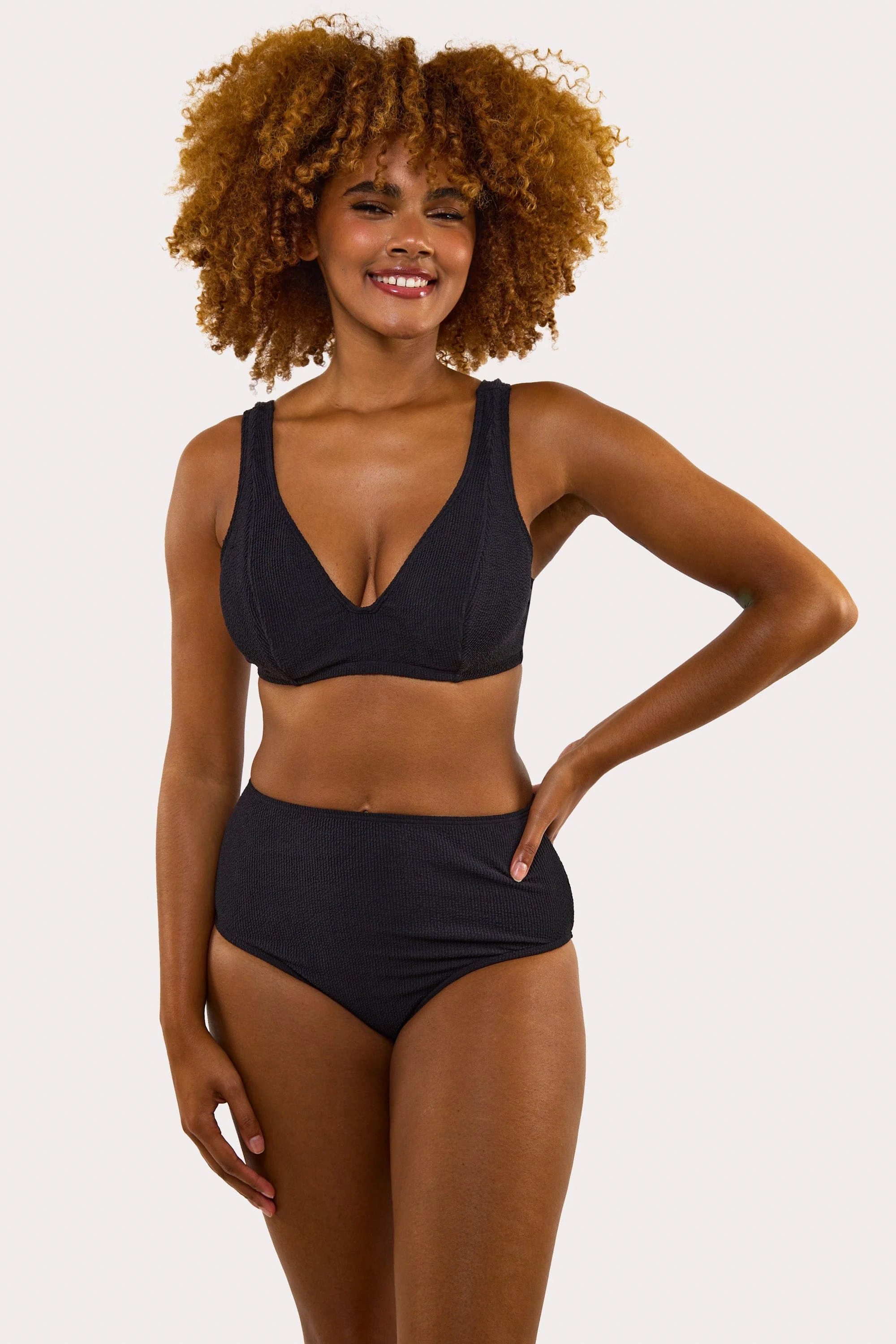 Mila Black Textured High Waisted Bikini Bottom - Image 3