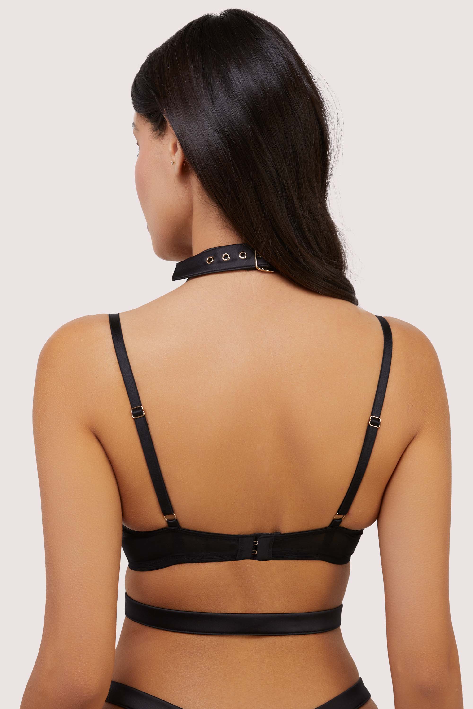 Alessia Black Satin and Illusion Mesh Plunge Buckled Bra - Image 5