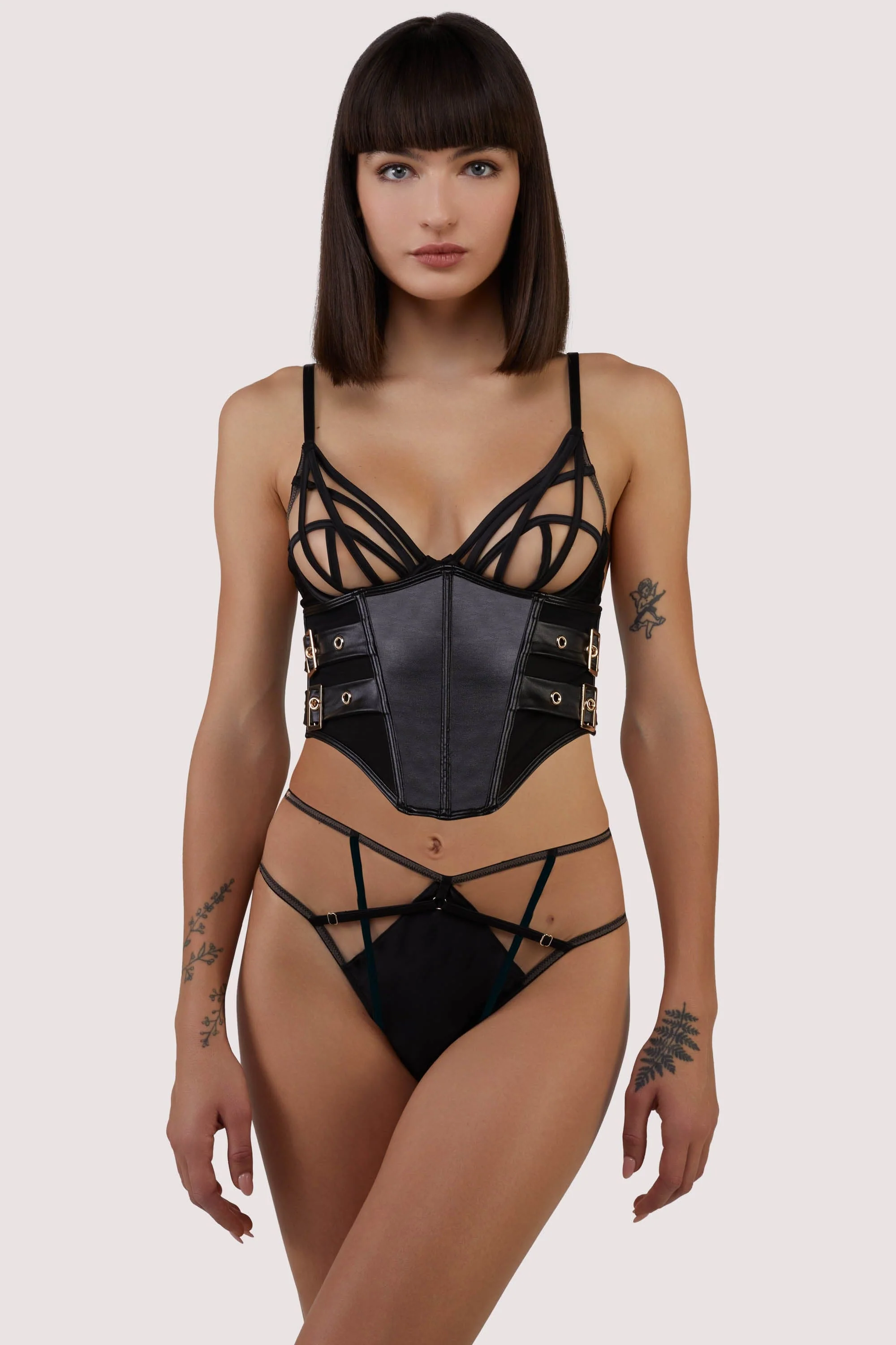 Black Vegan Leather Belted Underbust Corset - Image 3