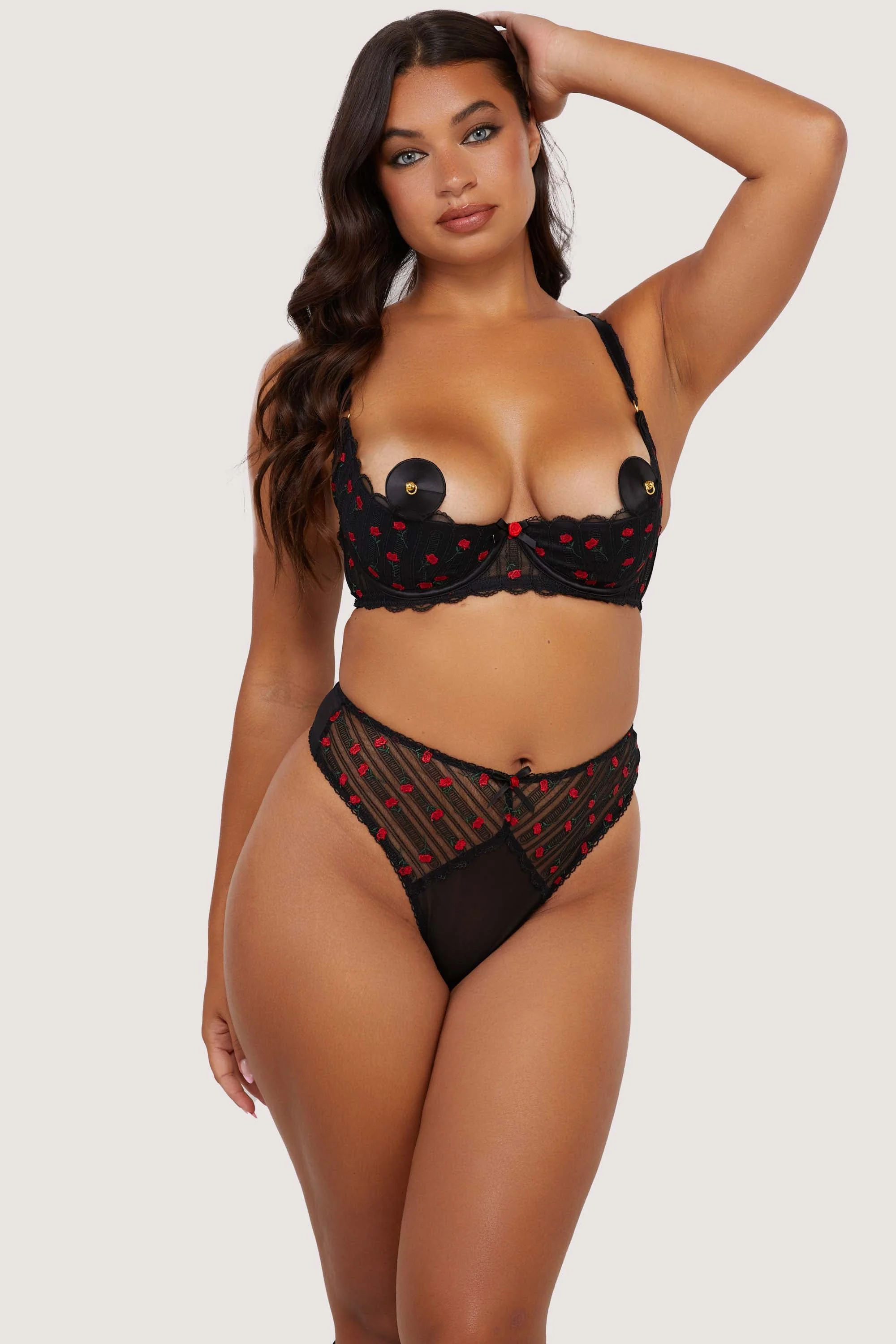 Elodie Black and Red Rosebud Embroidery Quarter Cup Bra - Image 4