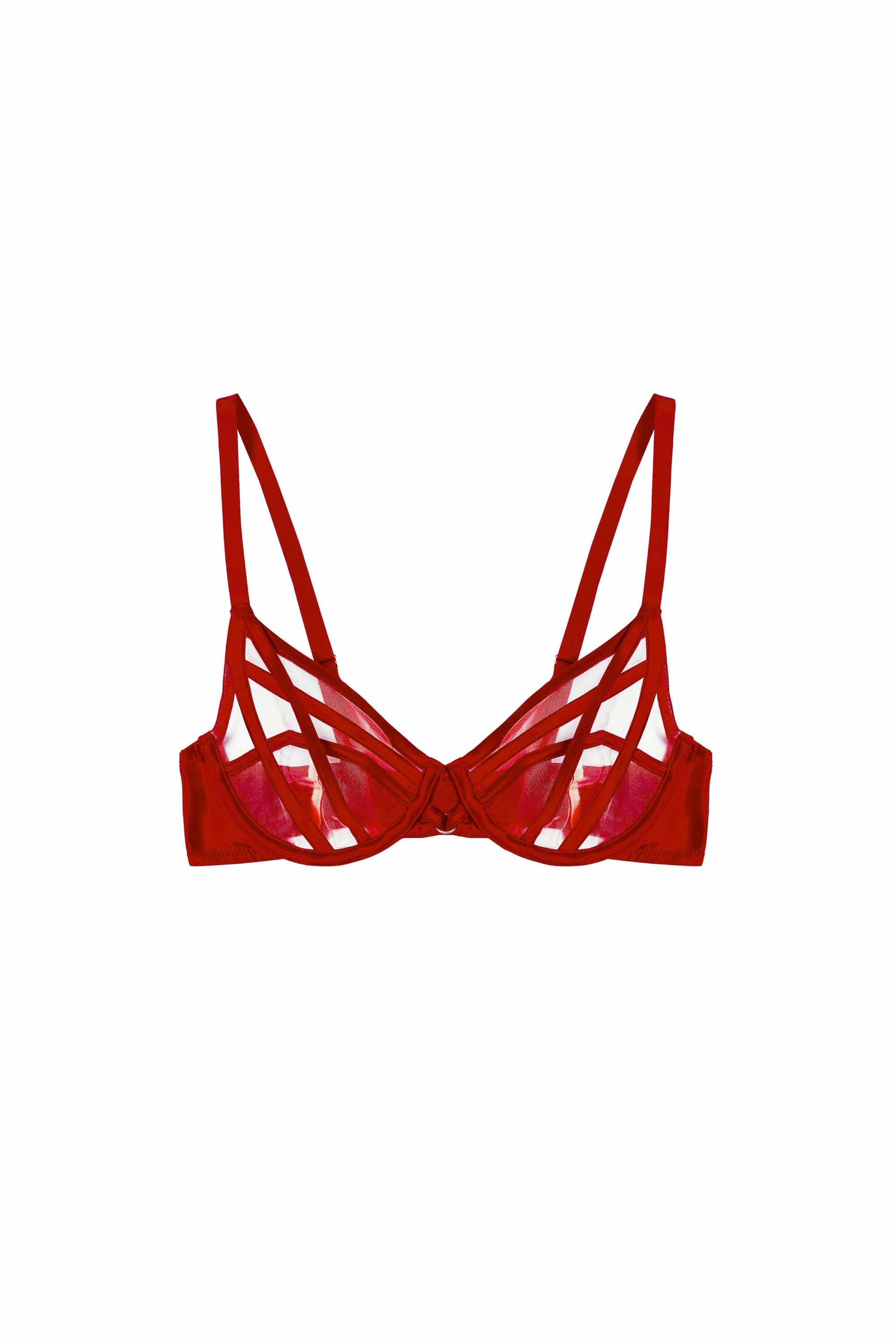 Ramona Ruby Red Strap Detail Illusion Sheer Plunge Bra - Image 6