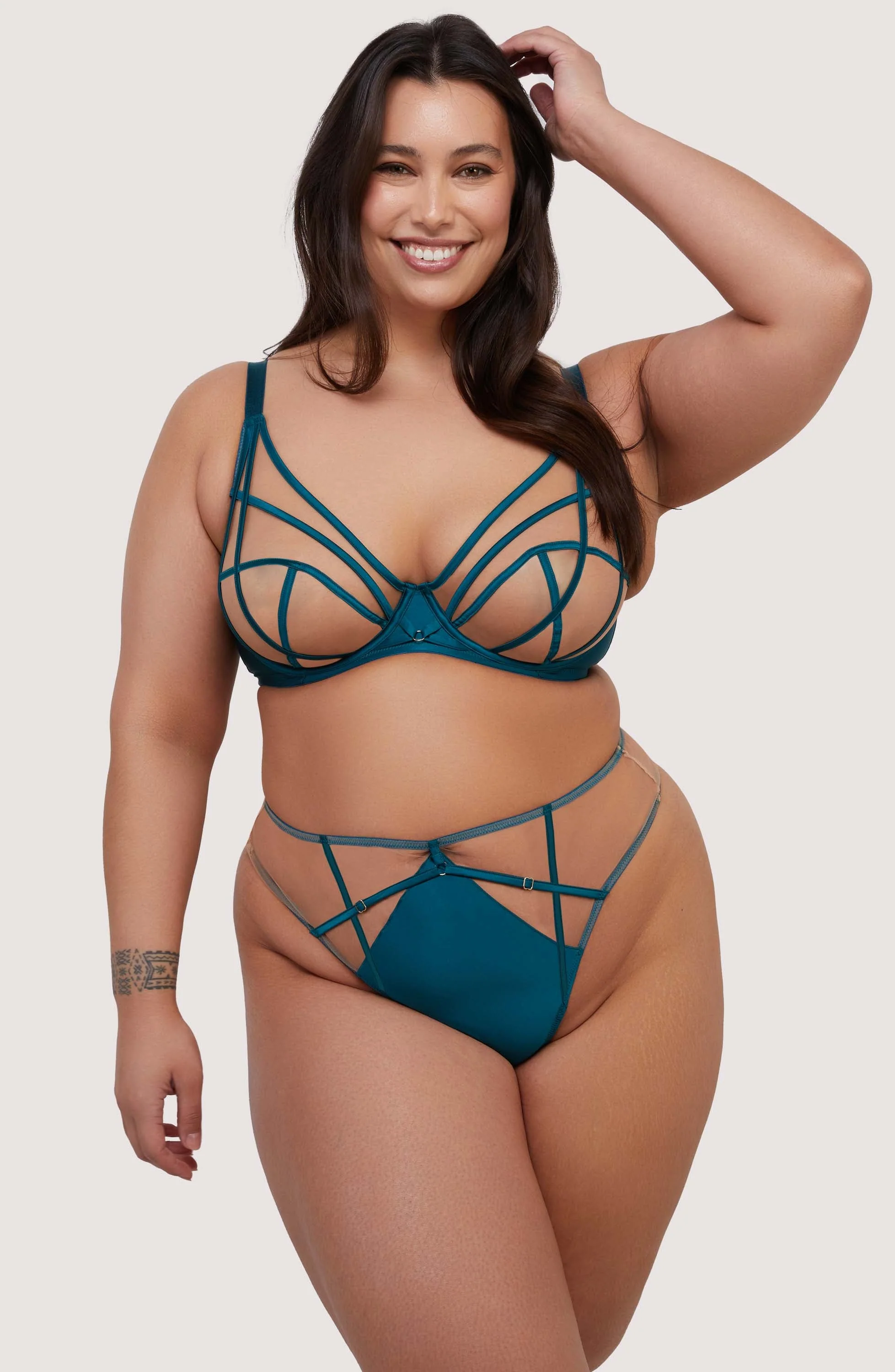 Ramona Teal Strap Detail Illusion Mesh High Waisted Thong - Image 5