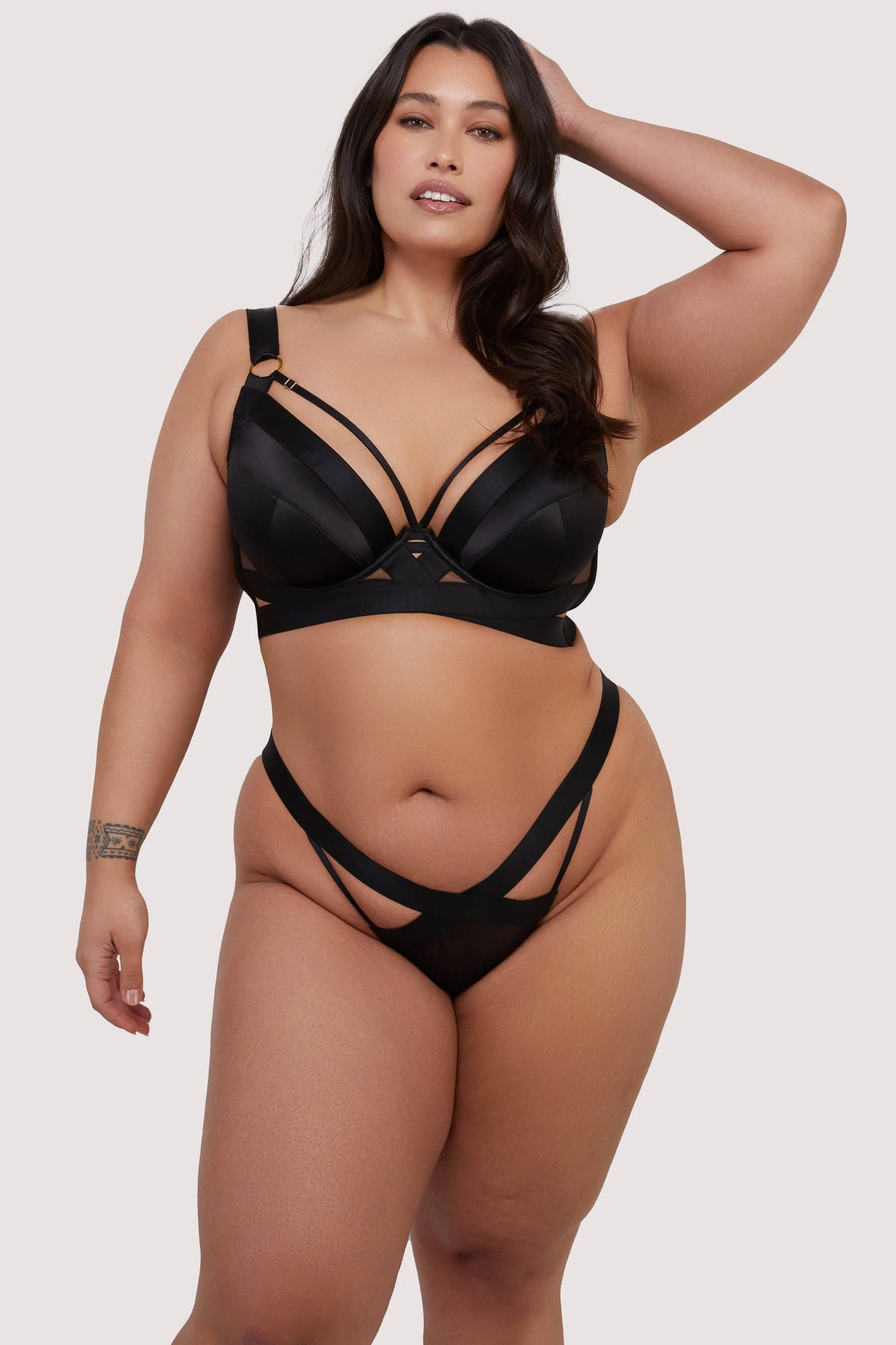 Etta Black Satin and Mesh Longline Padded Plunge Bra - Image 3